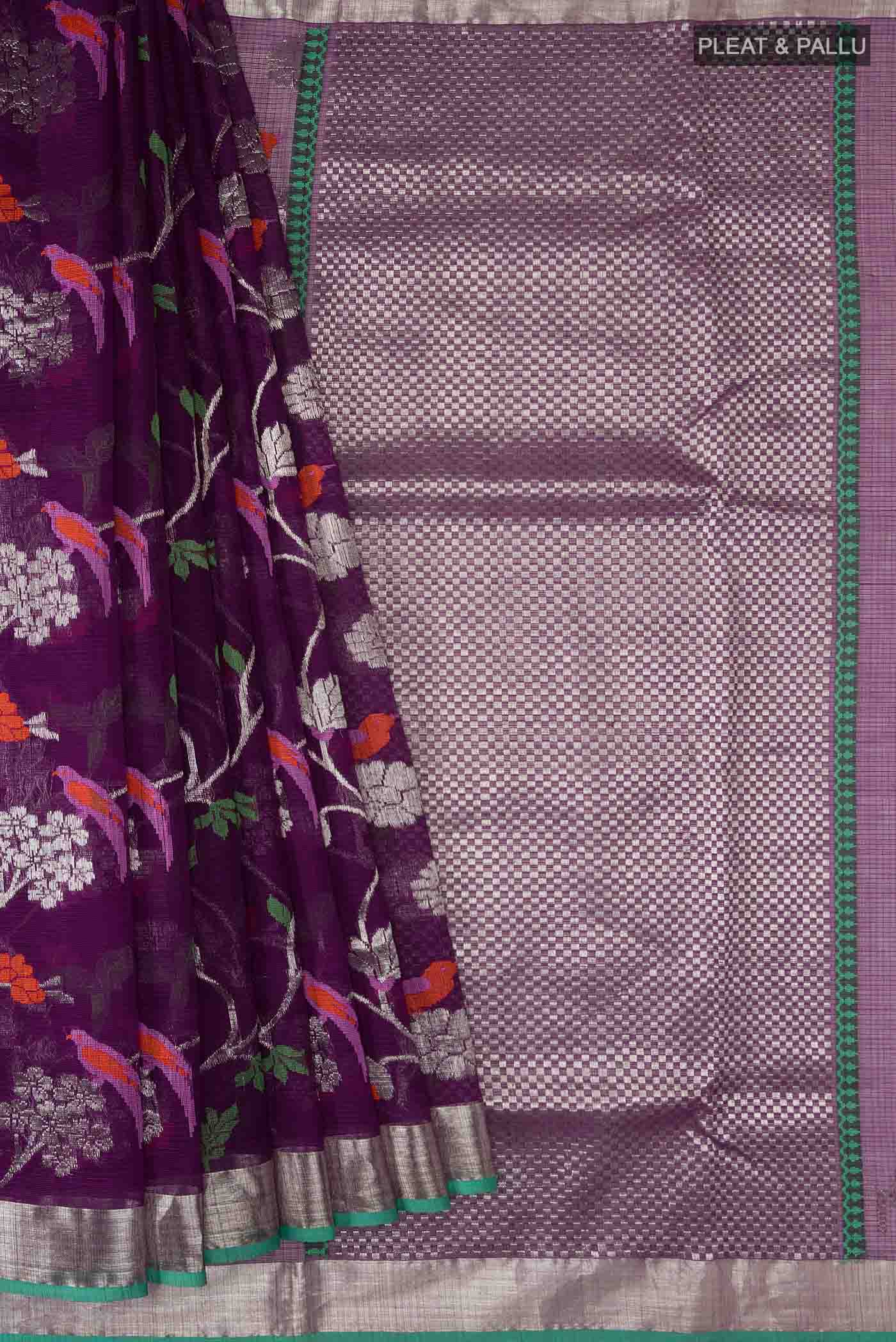 Pleats and pallu of Blue Kota Silk Saree with Zari And Thread Butta on the body and Zari Border