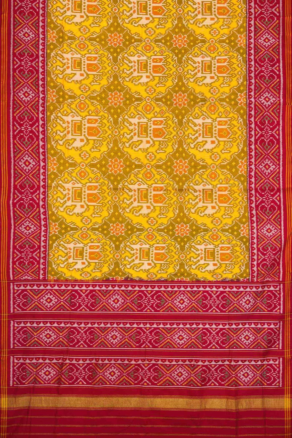 Flat view of Mehandi Green Dual Tone Rajkot Patola Silk Saree with Ikat Print on the body and Ikat Border