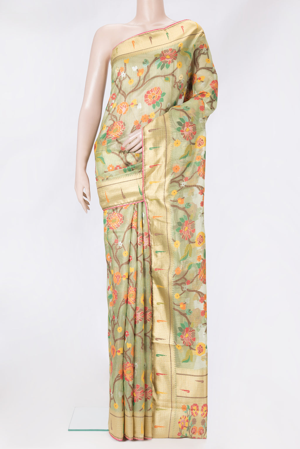 Green Dual Tone Kota Silk Saree with Zari Brocade on the body and Paithani Border.  displayed on a mannequin