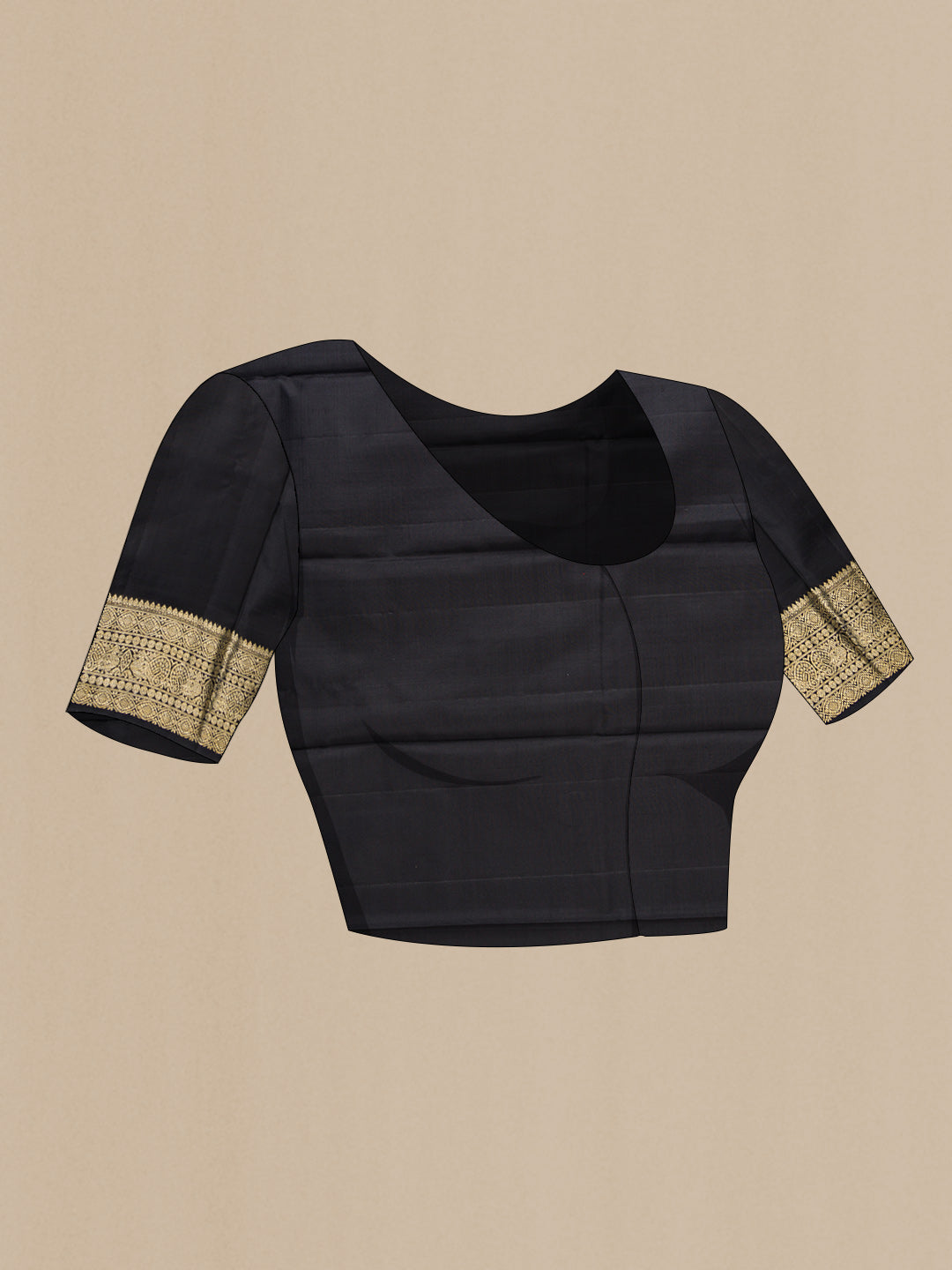 Close up image of the blouse of Black Dual Tone Kanchipuram Silk Saree with Checked design on the body and Zari Border