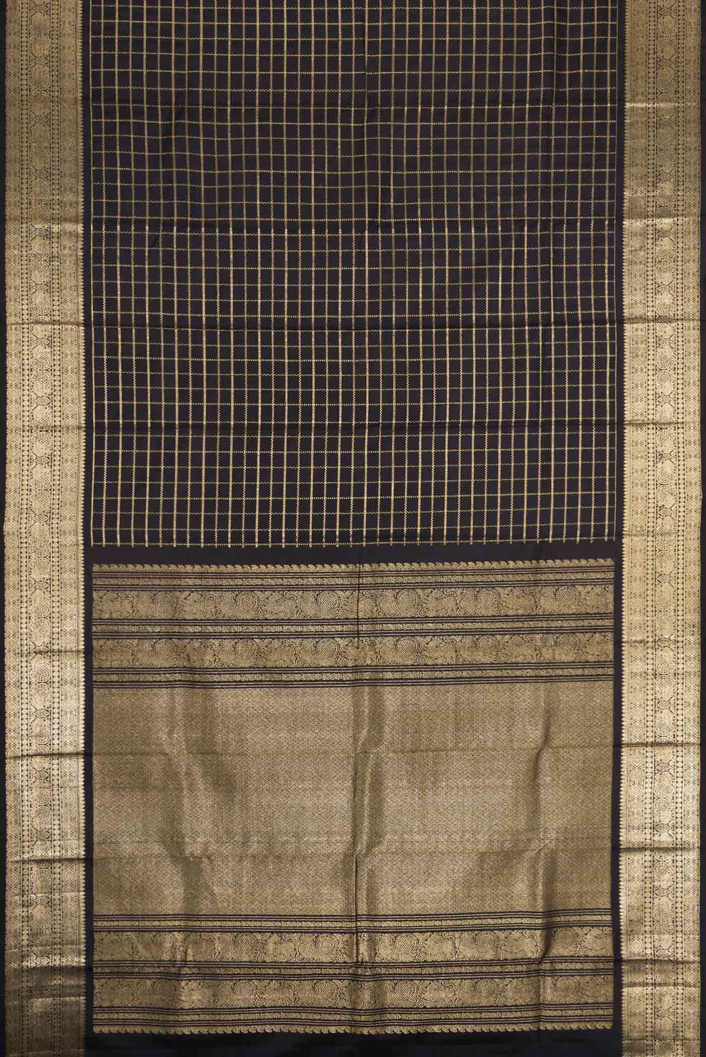 Flat view of Black Dual Tone Kanchipuram Silk Saree with Checked design on the body and Zari Border
