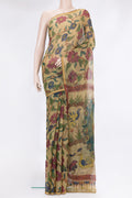 Beige Organza Silk Saree with kalamkari Print on the body and Thread Border.  displayed on a mannequin