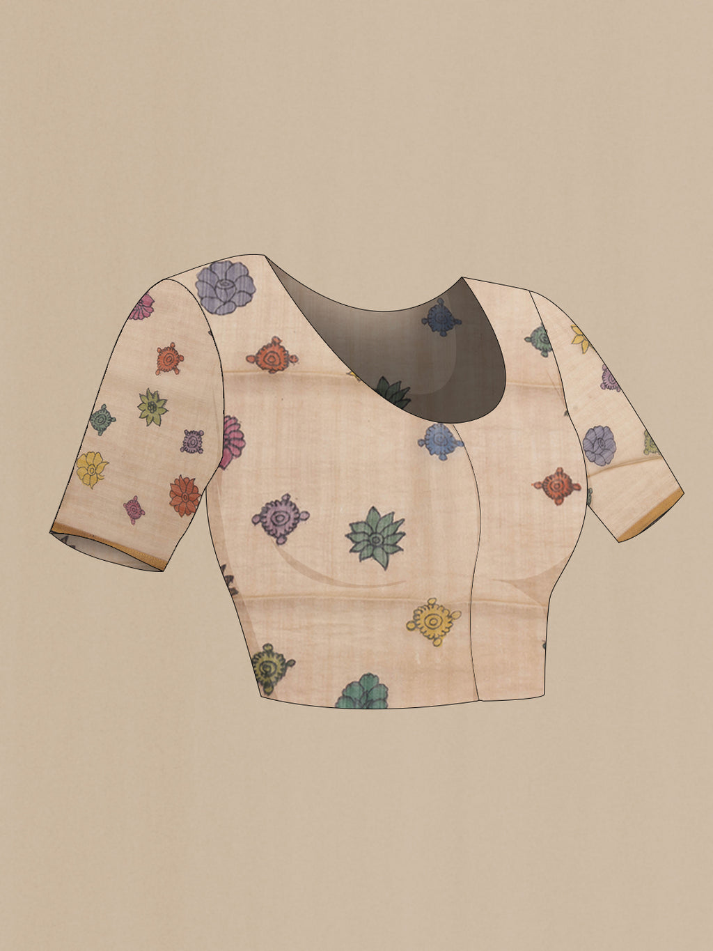 Close up image of the blouse of Rose Gold Organza Silk Saree with kalamkari Print on the body and Thread Border. 