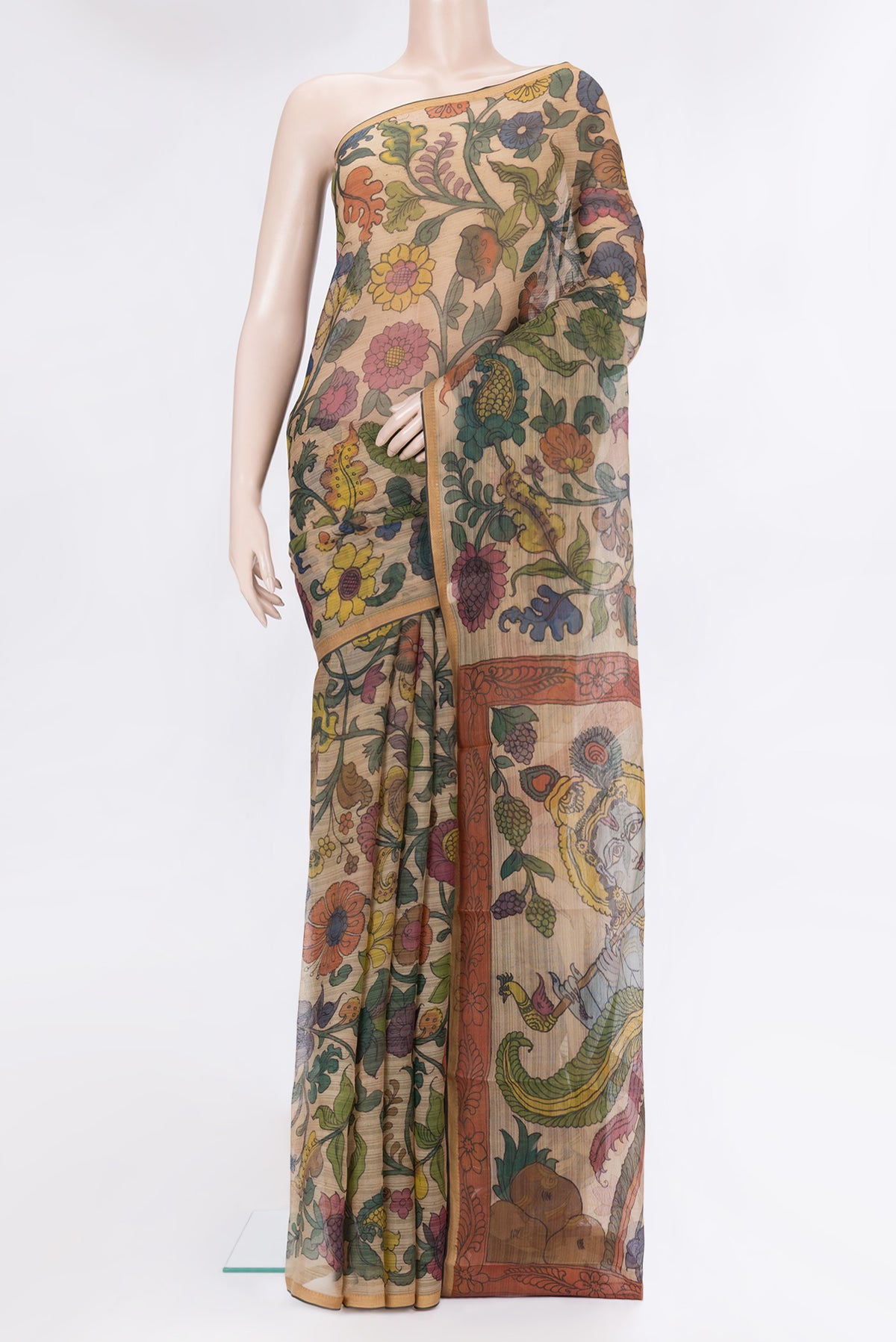 Rose Gold Organza Silk Saree with kalamkari Print on the body and Thread Border.  displayed on a mannequin