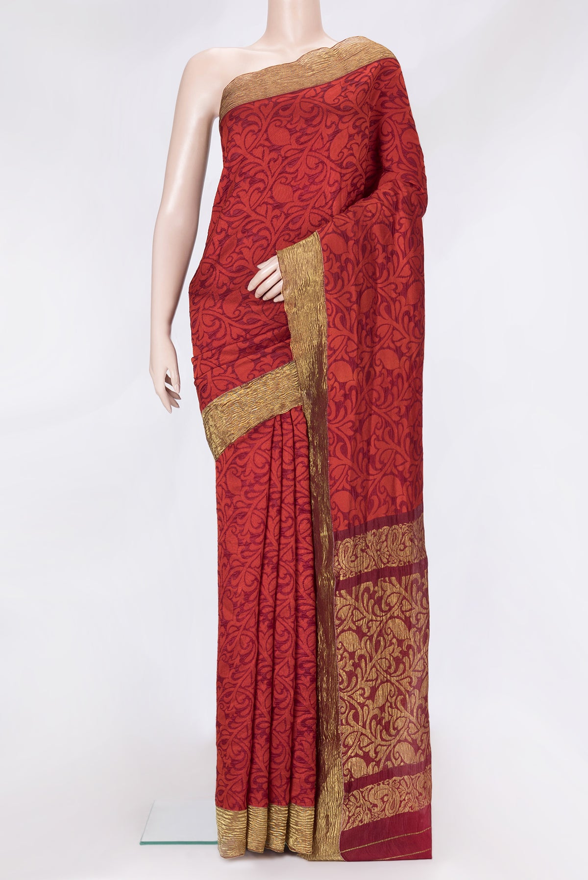 Maroon Dual Tone Tussar Silk Saree with Jacquard design on the body and Zari Border.  displayed on a mannequin
