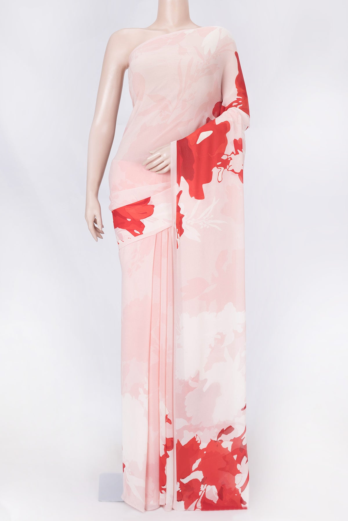 Pink Dual Tone Georgette Saree with Printed design on the body and Without Border displayed on a mannequin