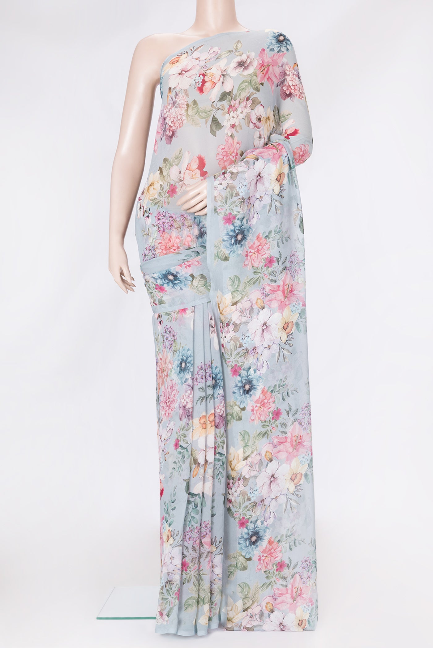 Grey Dual Tone Mysore Chiffon Saree with Printed design on the body and Without Border.  displayed on a mannequin
