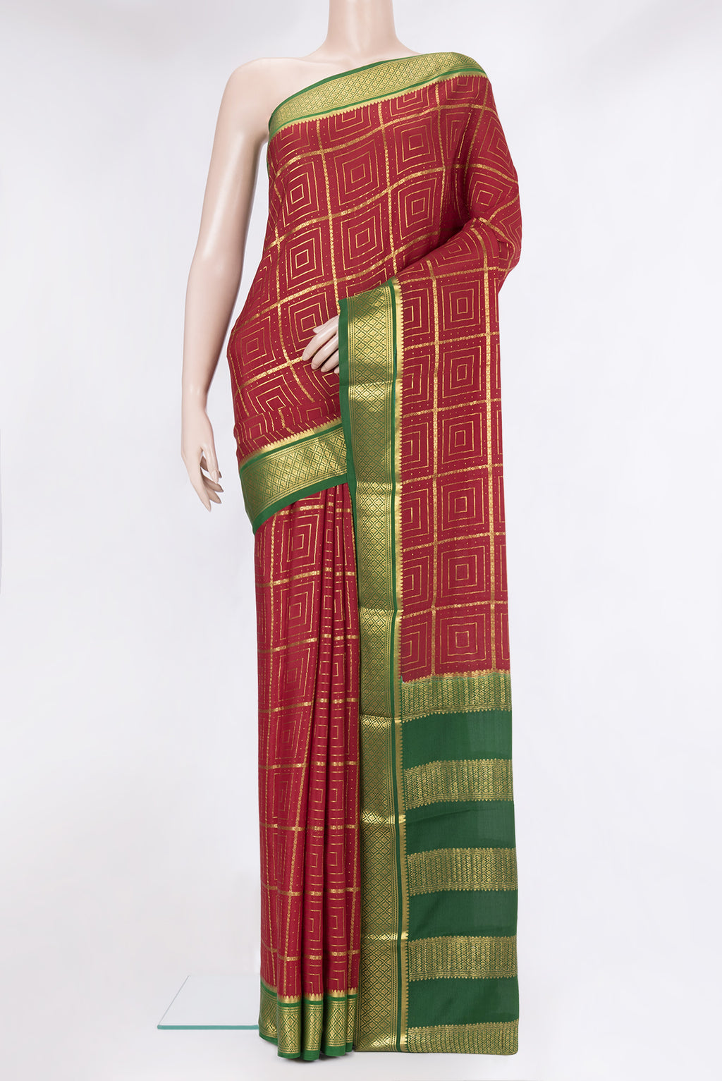 Maroon Mysore Silk Saree with Zari Brocade on the body and Zari Border.  displayed on a mannequin