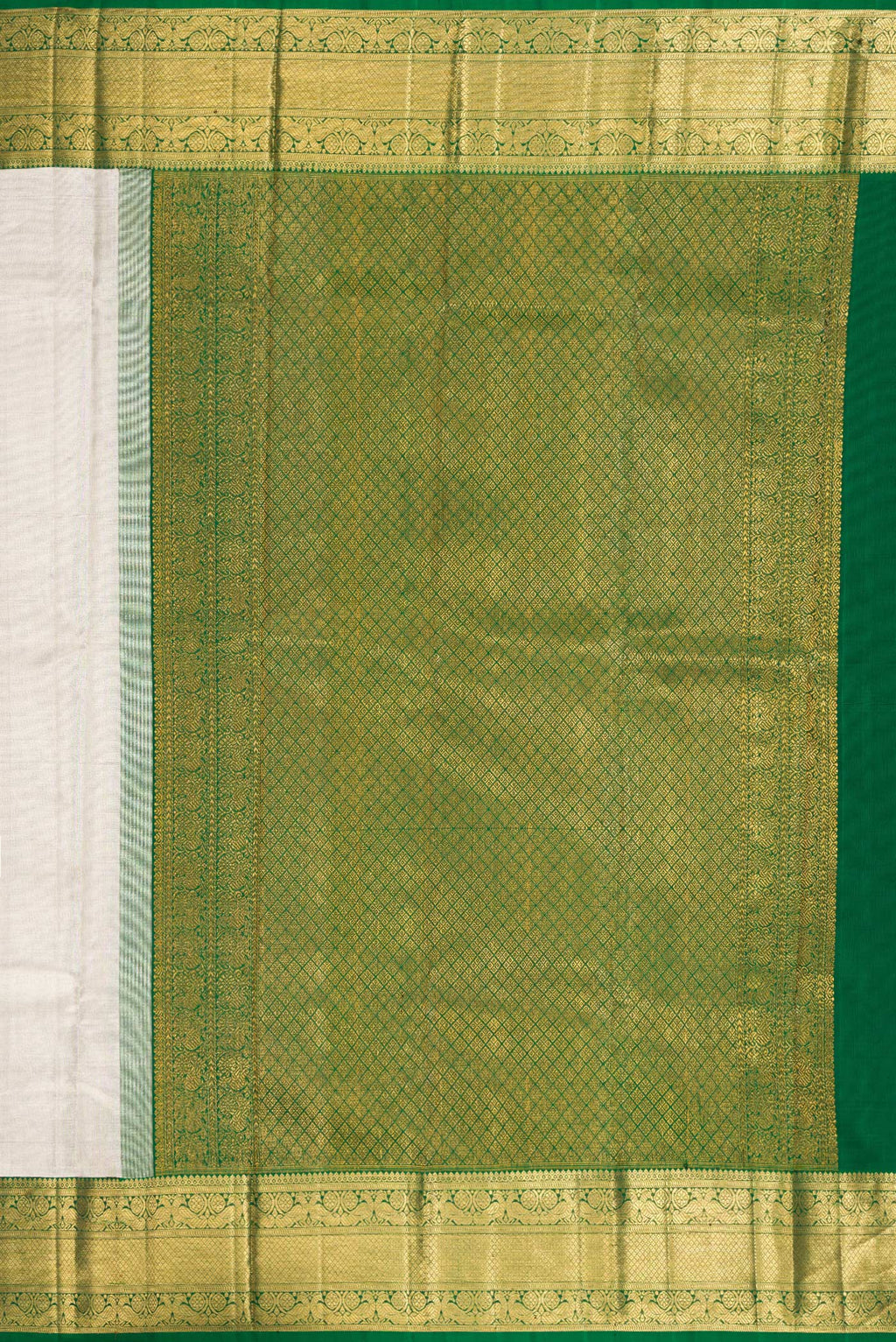 Close up image of the pallu of Off White Dual Tone Kanchipuram Tissue Silk Saree with Plain Body and Zari Border. 