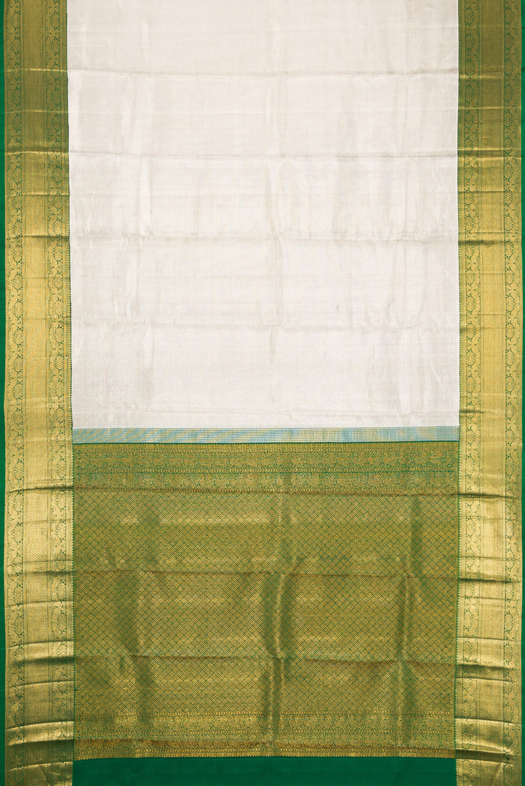 Flat view of Off White Dual Tone Kanchipuram Tissue Silk Saree with Plain Body and Zari Border. 