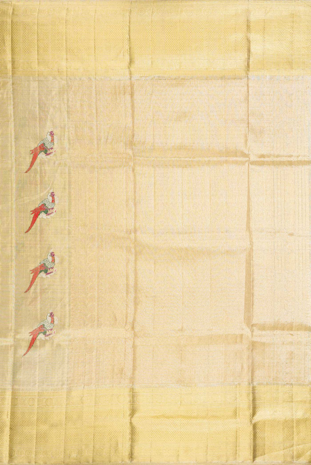 Close up image of the pallu of Gold Dual Tone Kanjivaram Tissue Silk Saree with Zari Brocade on the body and Zari Border. 