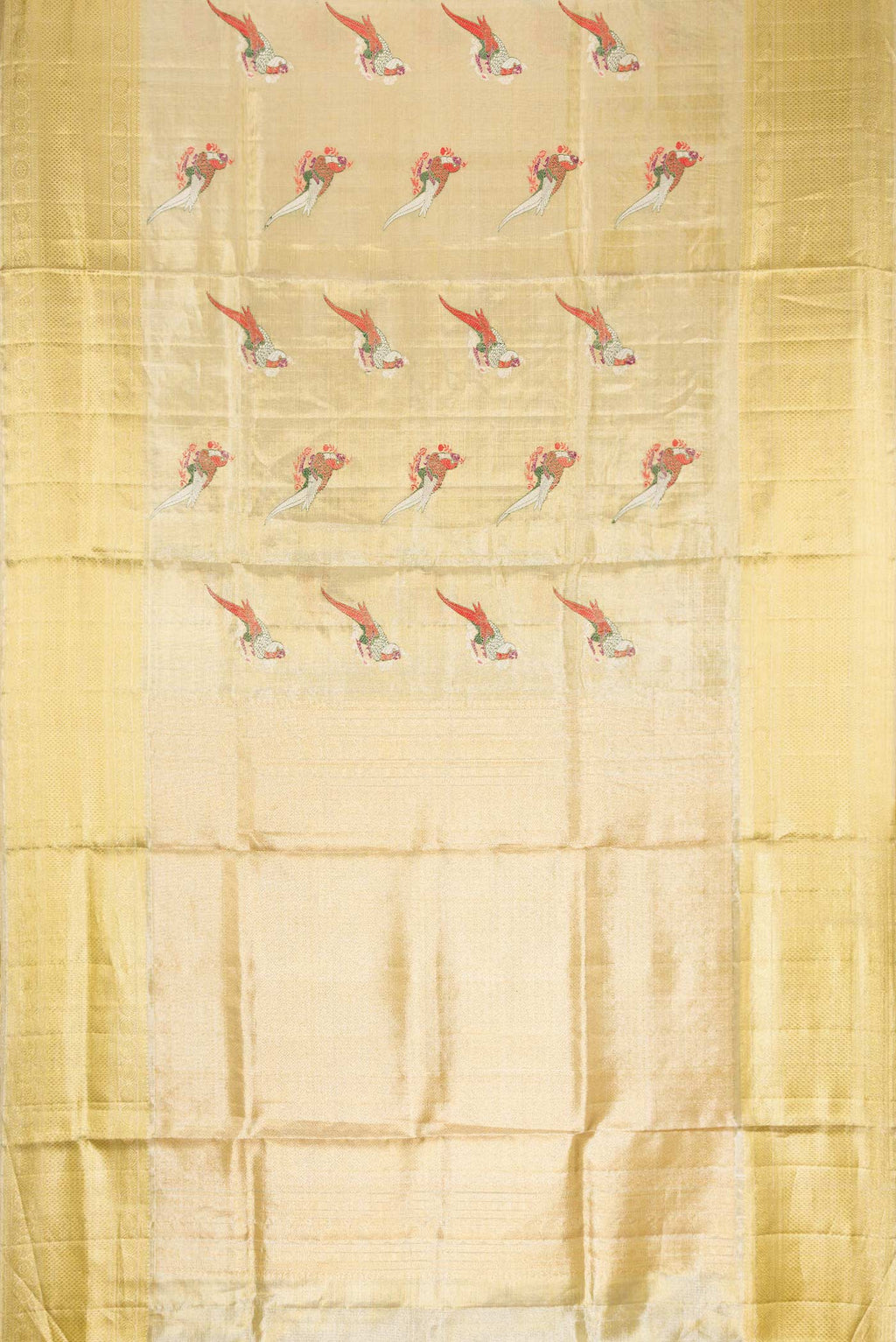 Flat view of Gold Dual Tone Kanjivaram Tissue Silk Saree with Zari Brocade on the body and Zari Border. 