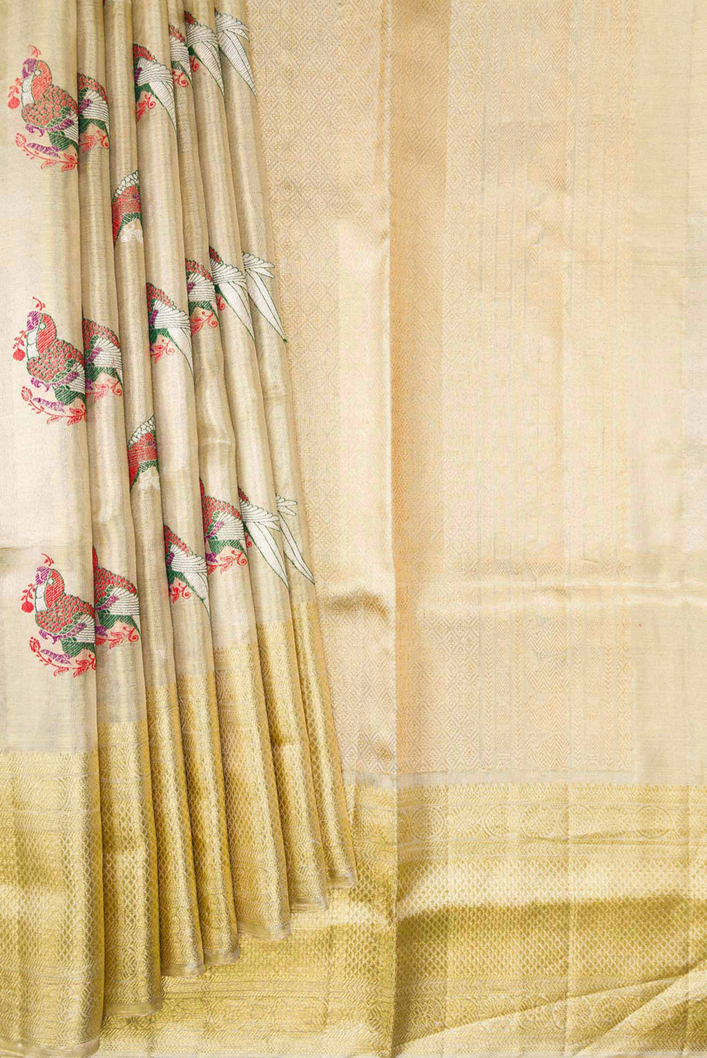 Pleats and pallu of Gold Dual Tone Kanjivaram Tissue Silk Saree with Zari Brocade on the body and Zari Border. 