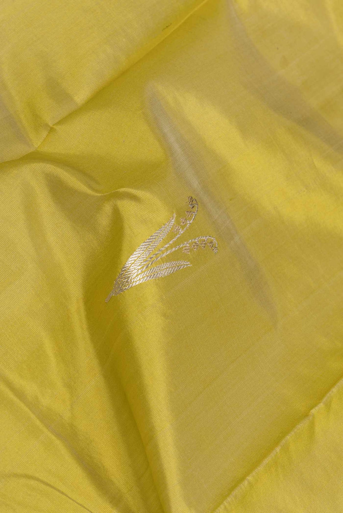 Close up of Green Dual Tone Tussar Saree with Zari Butta on the body and Zari Border displaying folds