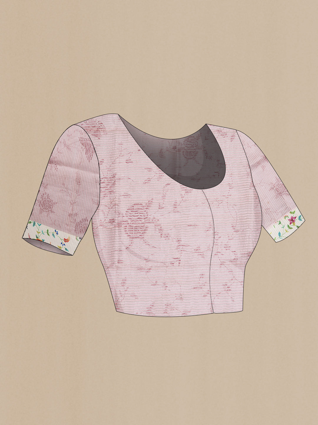 Close up image of the blouse of Pink Dual Tone Tussar Saree with Stripes on the body and Printed Border