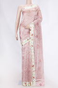 Pink Dual Tone Tussar Saree with Stripes on the body and Printed Border displayed on a mannequin