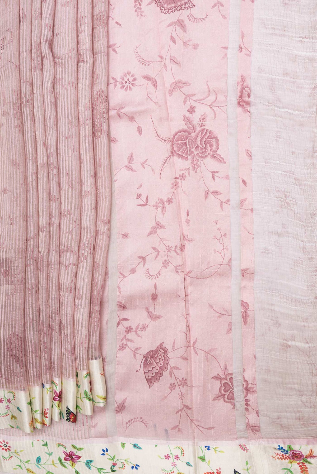 Pleats and pallu of Pink Dual Tone Tussar Saree with Stripes on the body and Printed Border
