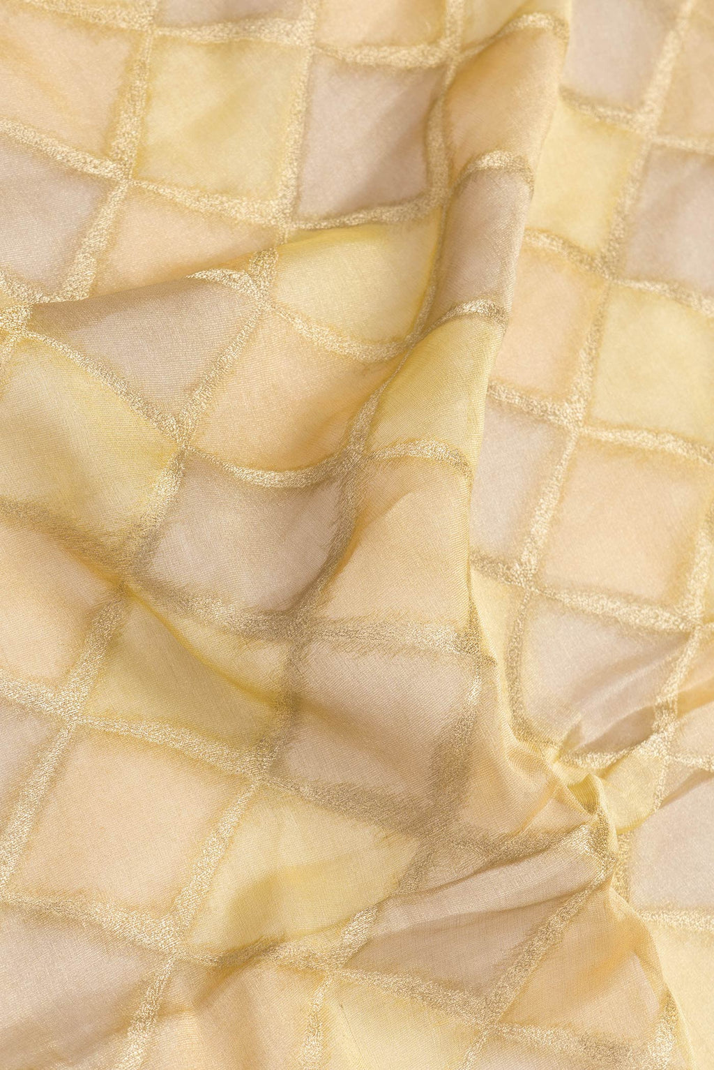 Close up of Gold Dual Tone Mysore Georgette Saree with Zari Brocade on the body and Zari Border.  displaying folds