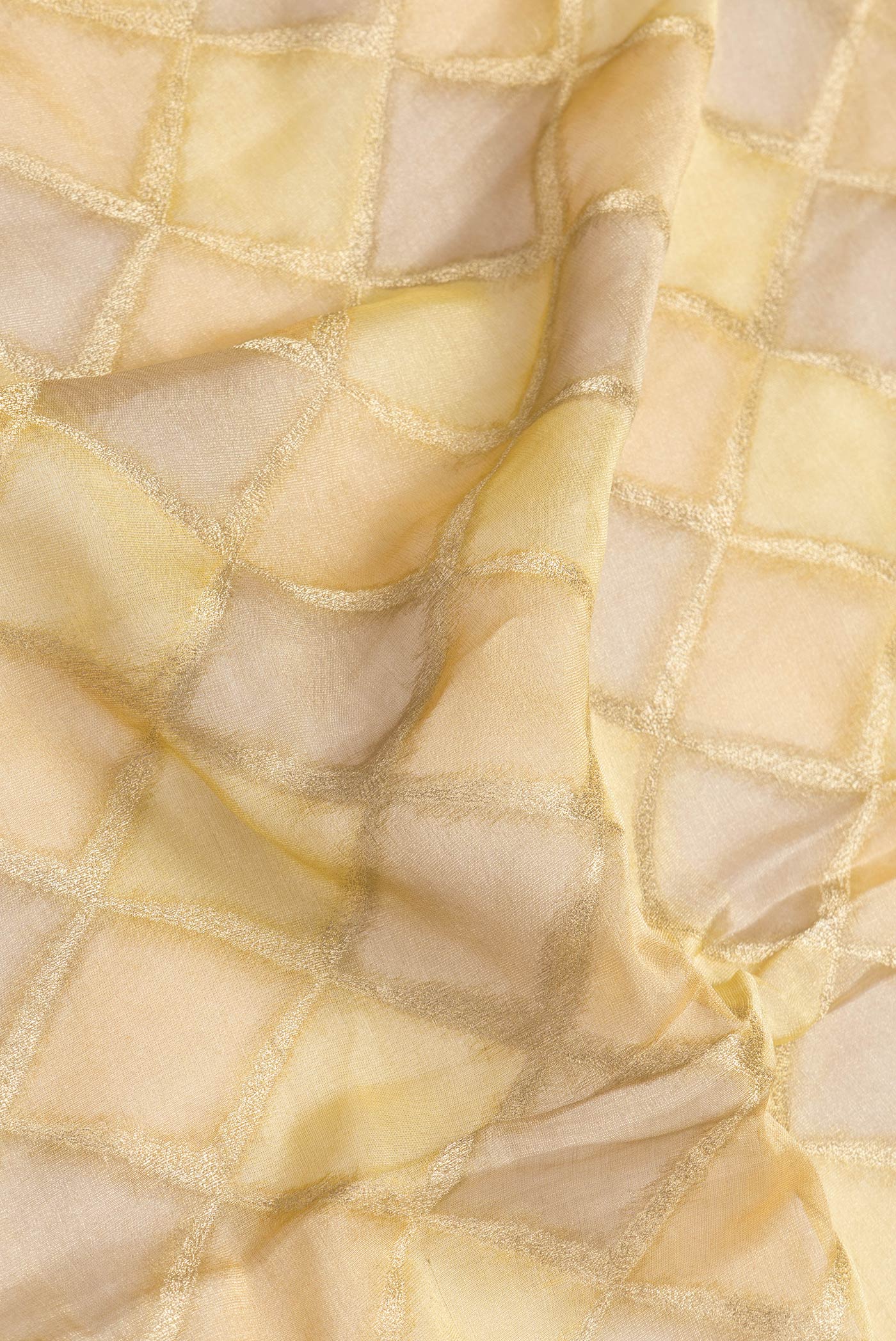 Close up of Gold Dual Tone Mysore Georgette Saree with Zari Brocade on the body and Zari Border.  displaying folds