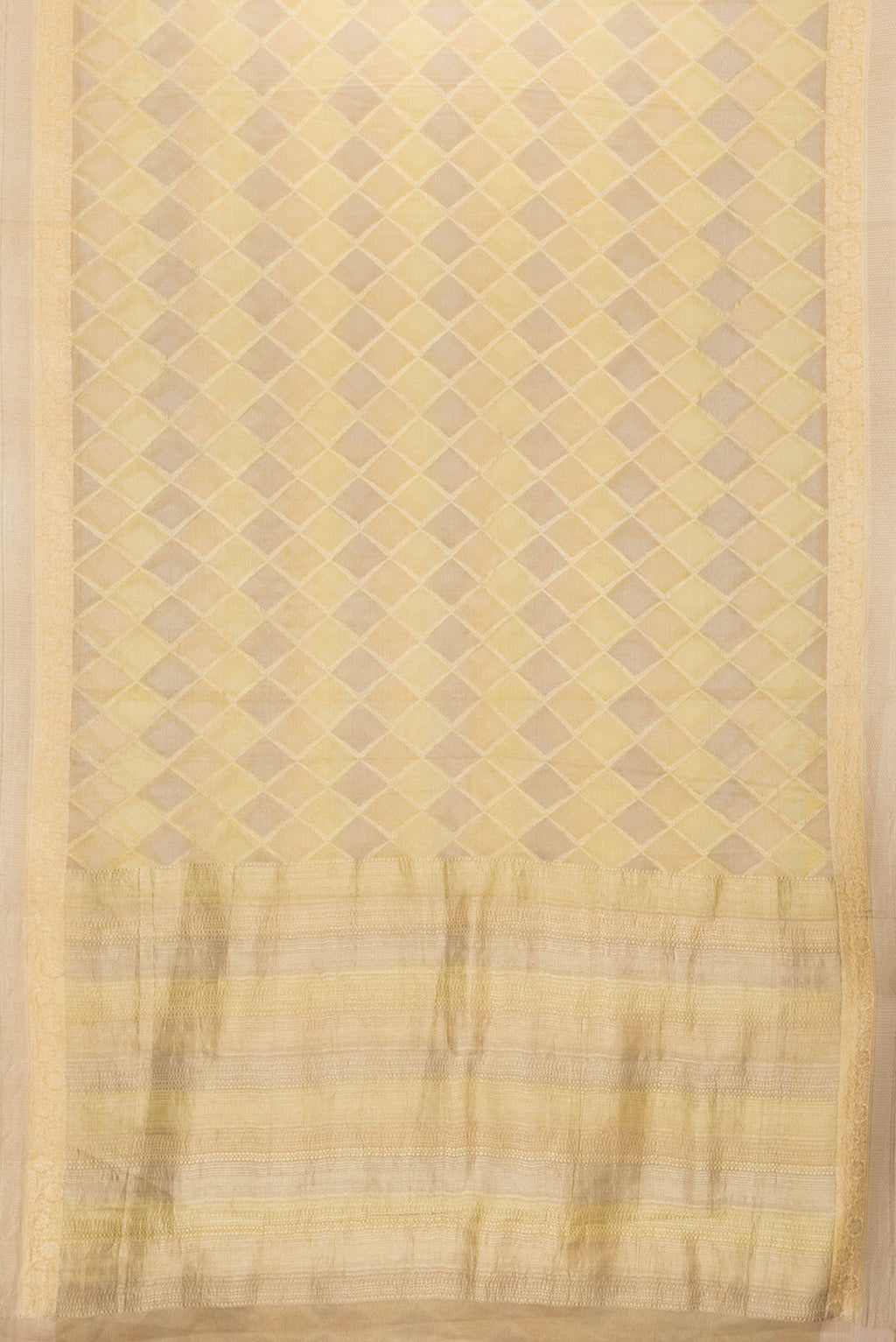 Flat view of Gold Dual Tone Mysore Georgette Saree with Zari Brocade on the body and Zari Border. 