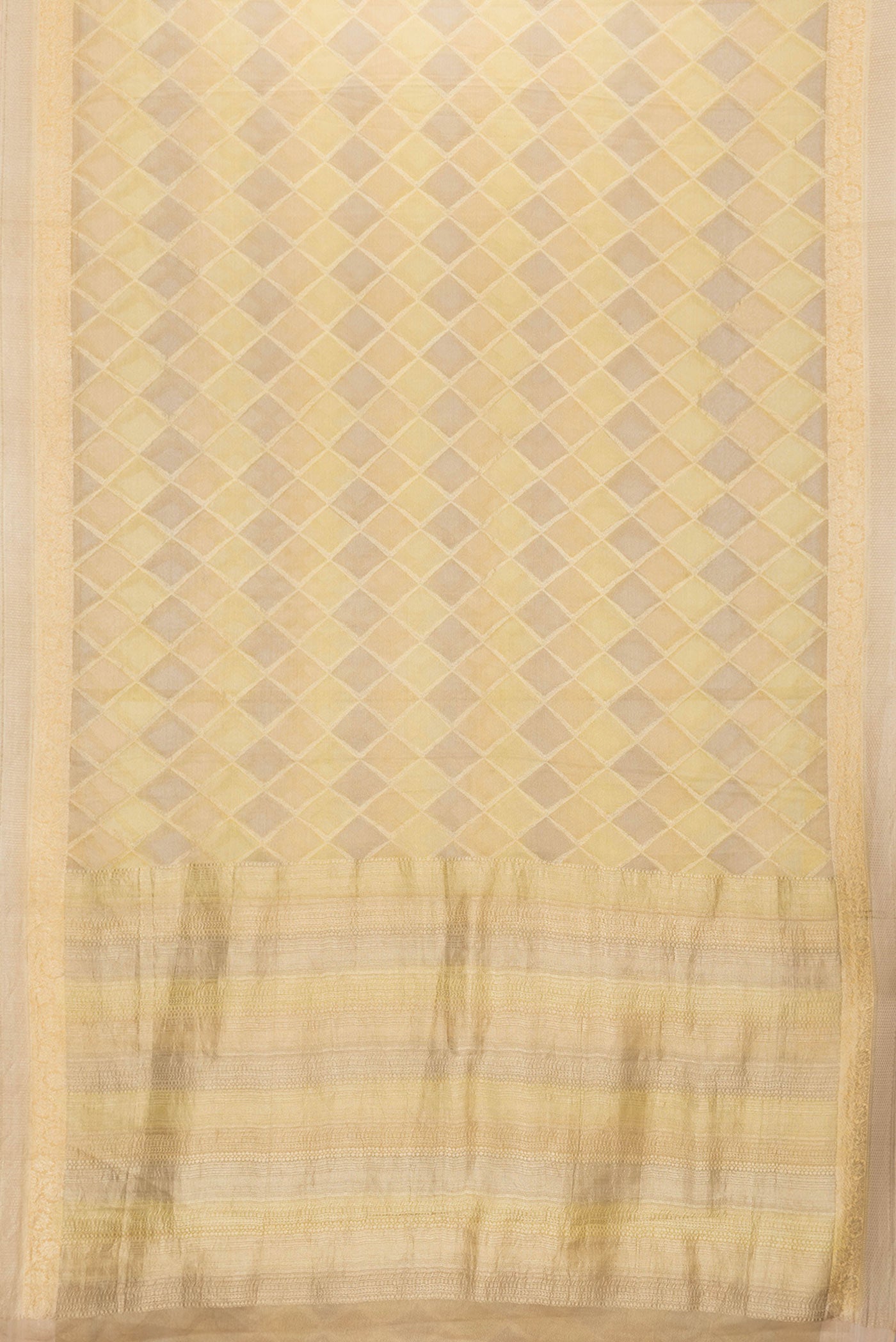 Flat view of Gold Dual Tone Mysore Georgette Saree with Zari Brocade on the body and Zari Border. 