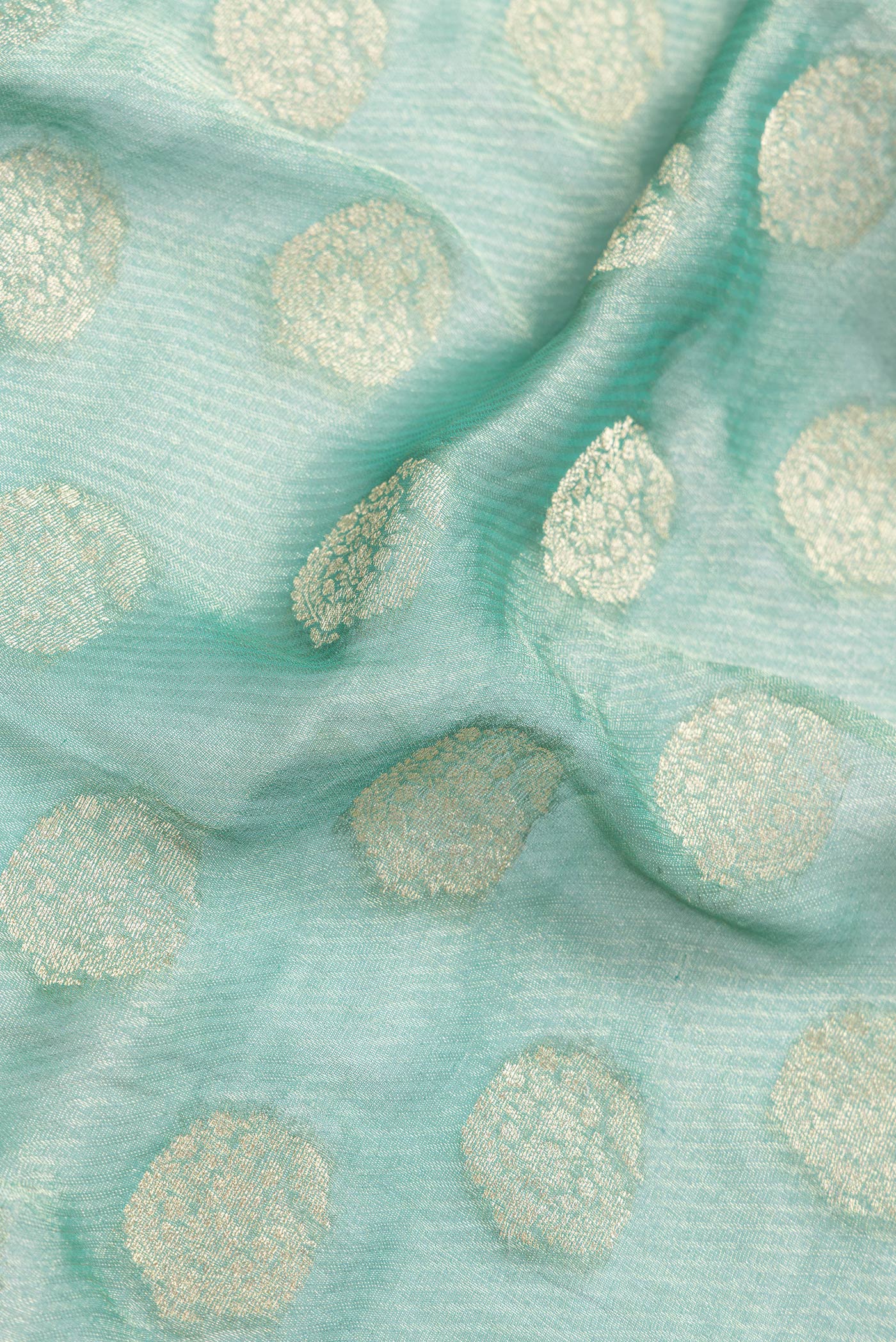 Close up of Sea Green Dual Tone Mysore Georgette Saree with Zari Brocade on the body and Fancy Border.  displaying folds