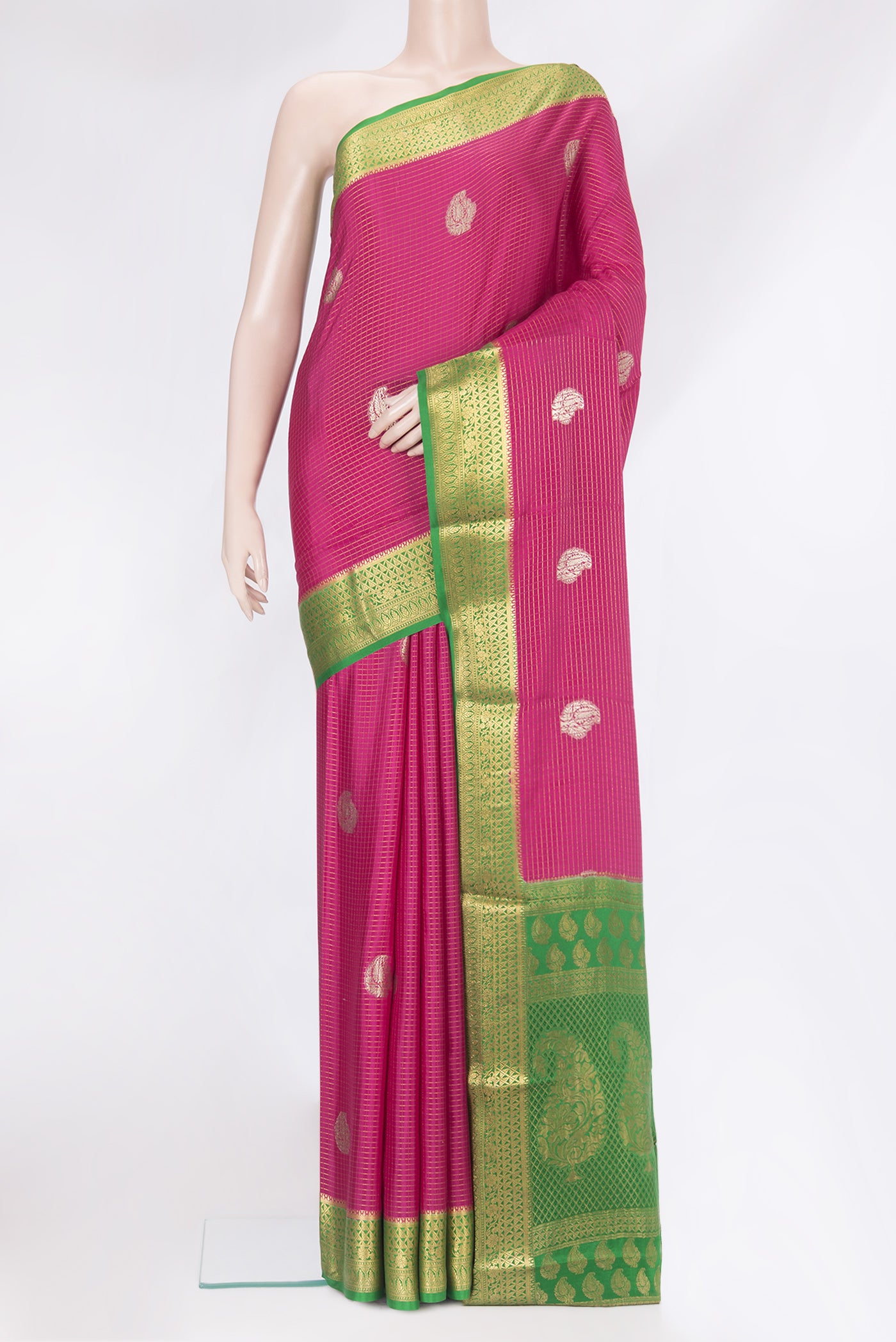 Pink Mysore Silk Saree with Checked design on the body and Zari Border.  displayed on a mannequin