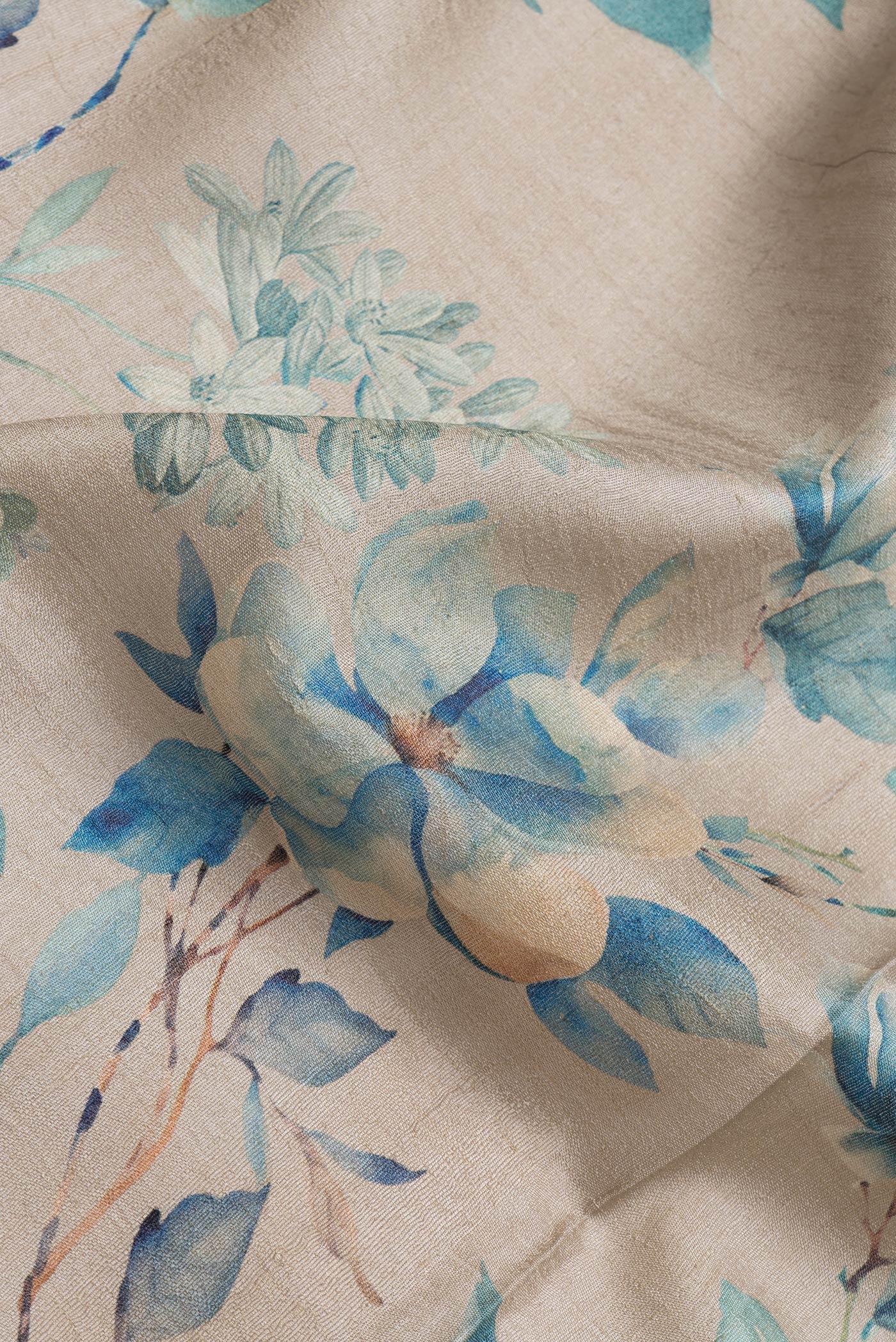 Close up of Beige Dual Tone Tussar Silk Saree with Printed design on the body and Zari Border.  displaying folds