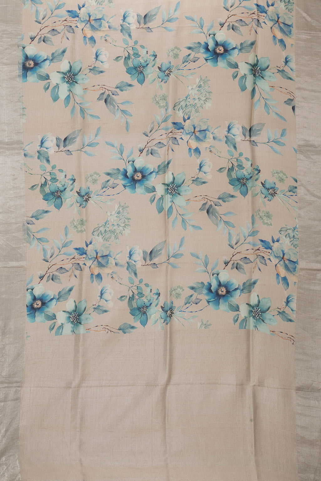 Flat view of Beige Dual Tone Tussar Silk Saree with Printed design on the body and Zari Border. 