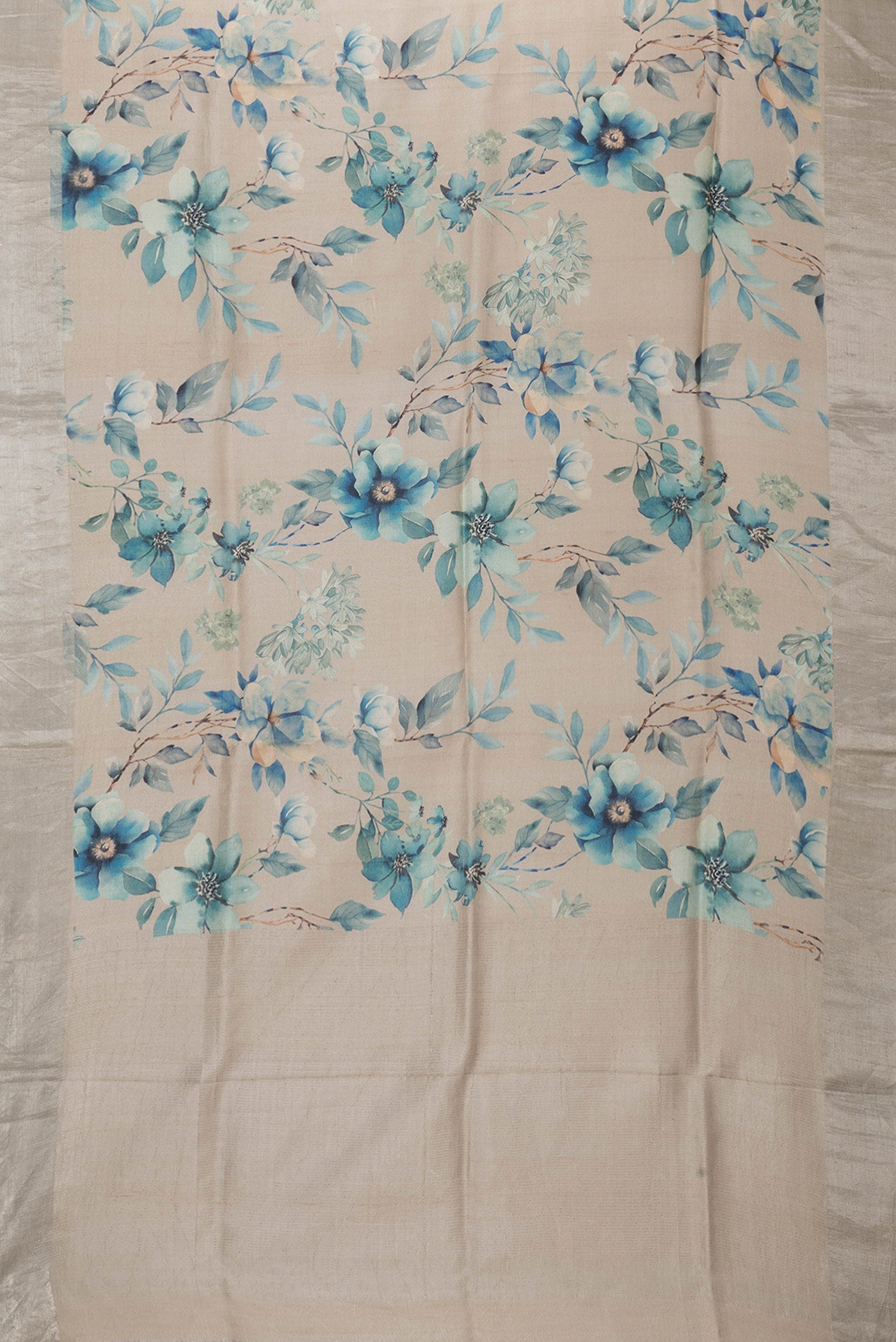 Flat view of Beige Dual Tone Tussar Silk Saree with Printed design on the body and Zari Border. 