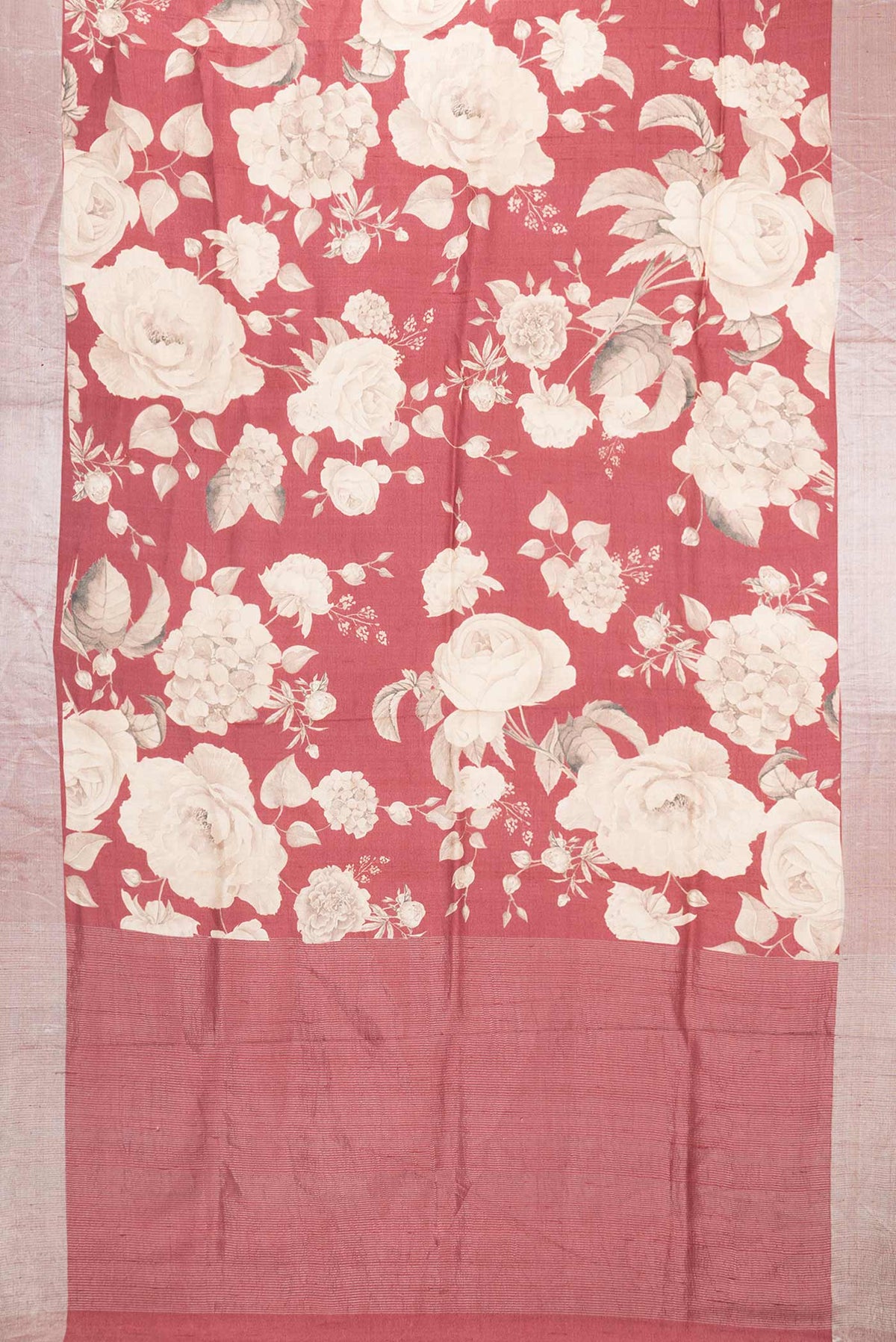 Flat view of Maroon Dual Tone Tussar Silk SareePrinted design on the body and Zari Border