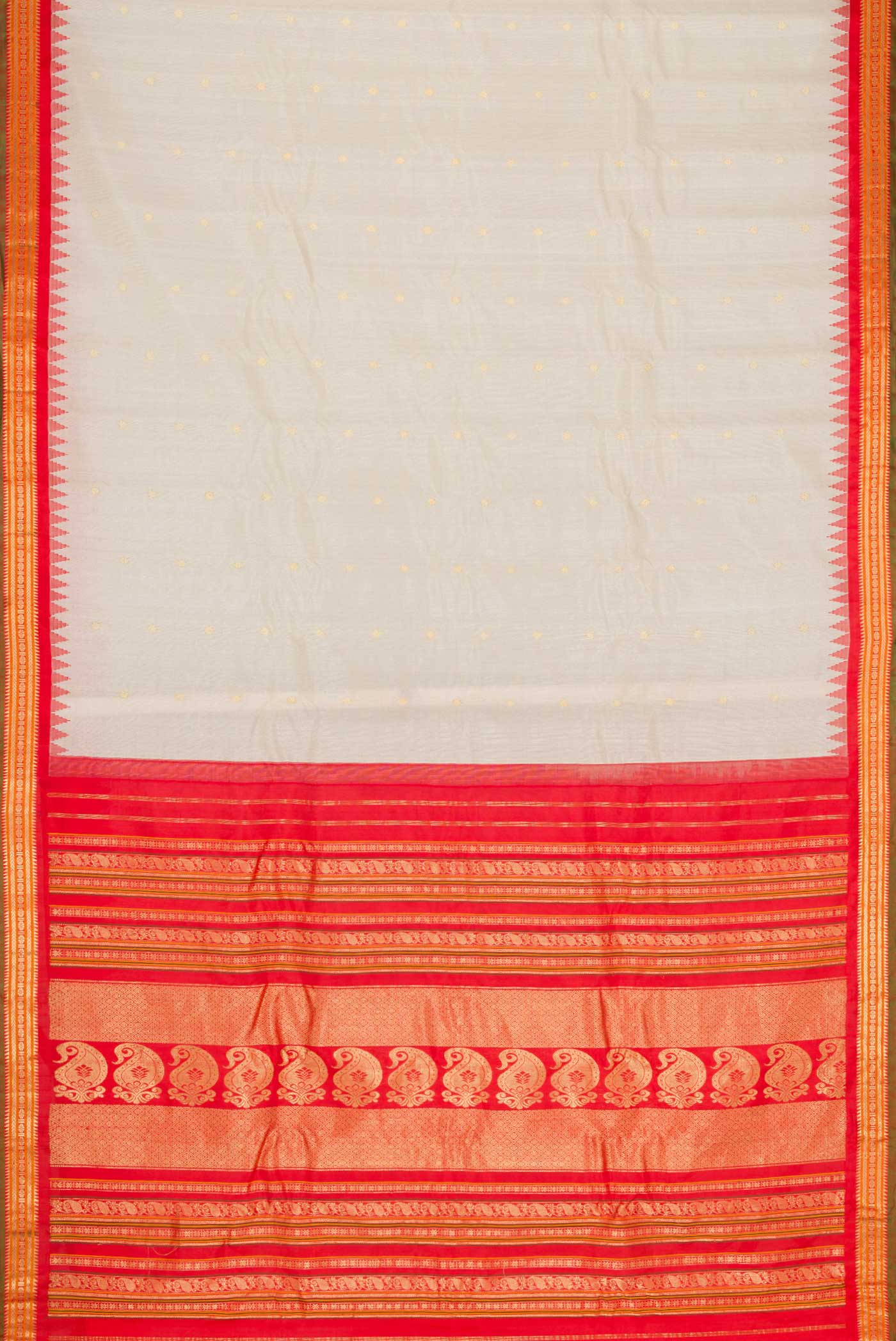 Flat view of Off White Dual Tone Gadwal Silk Saree with Zari Butta on the body and Zari Border