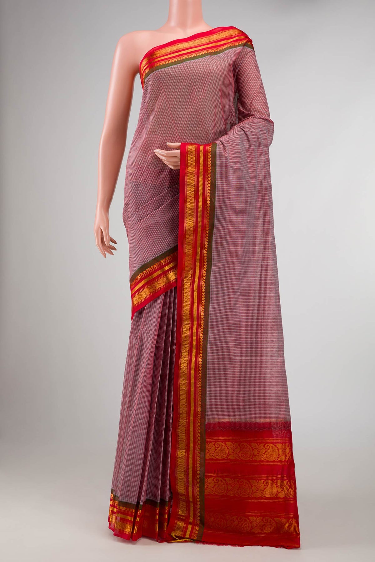 Red Gadwal cotton Saree with Checked design on the body and Silk Border displayed on a mannequin