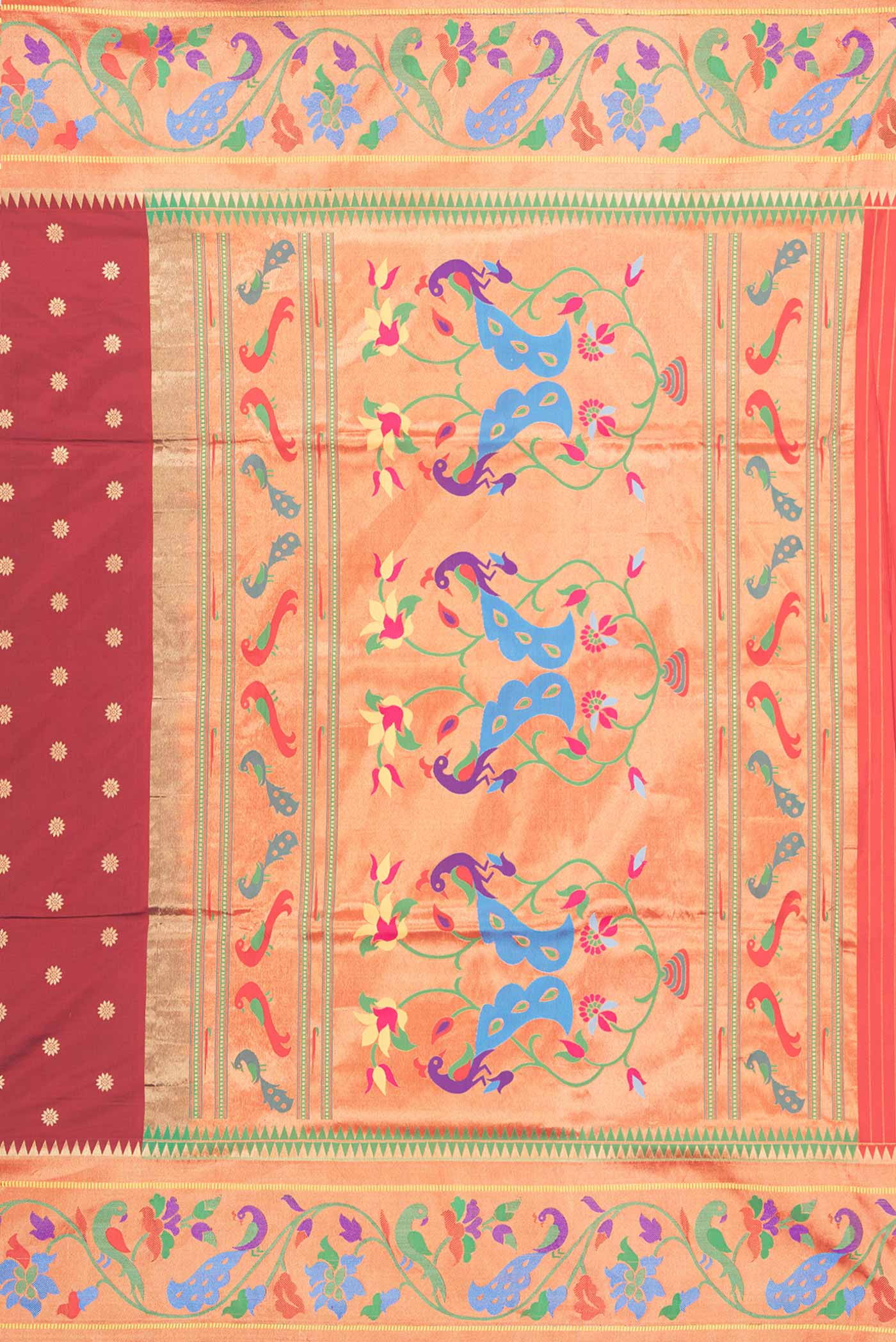 Close up image of the pallu of Maroon Dual Tone Paithani Silk Saree with Zari Butta on the body and Zari And Thread Border