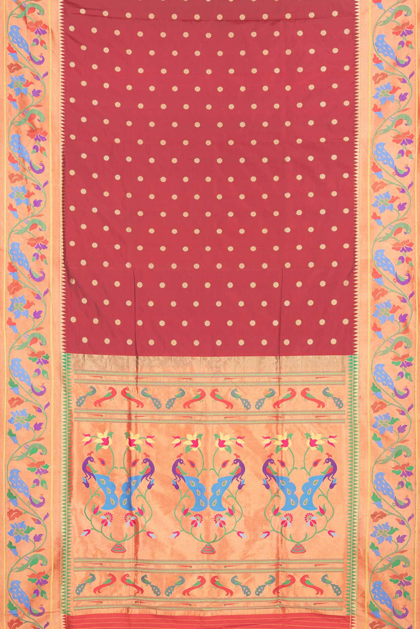 Flat view of Maroon Dual Tone Paithani Silk Saree with Zari Butta on the body and Zari And Thread Border