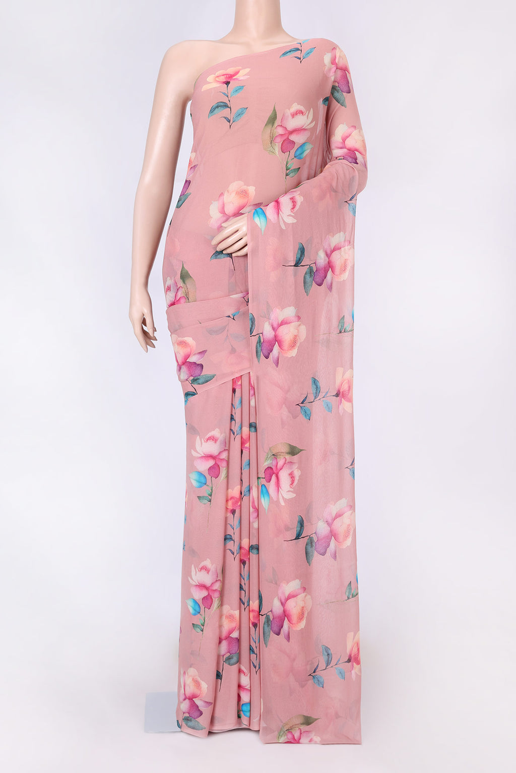 Pink Dual Tone Georgette Saree with Printed design on the body and Without Border displayed on a mannequin