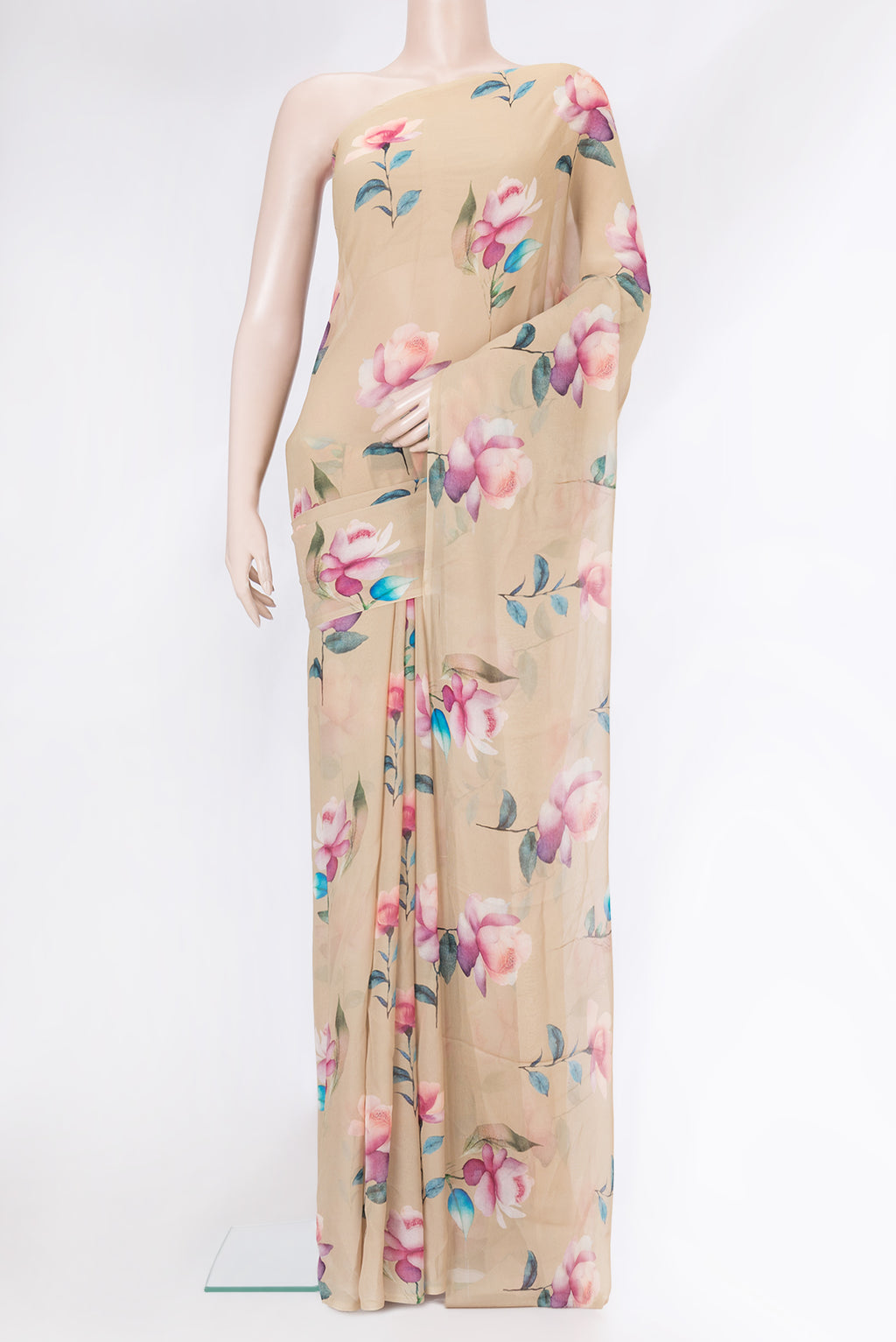Beige Dual Tone Mysore Georgette Saree with Printed design on the body and Without Border.  displayed on a mannequin