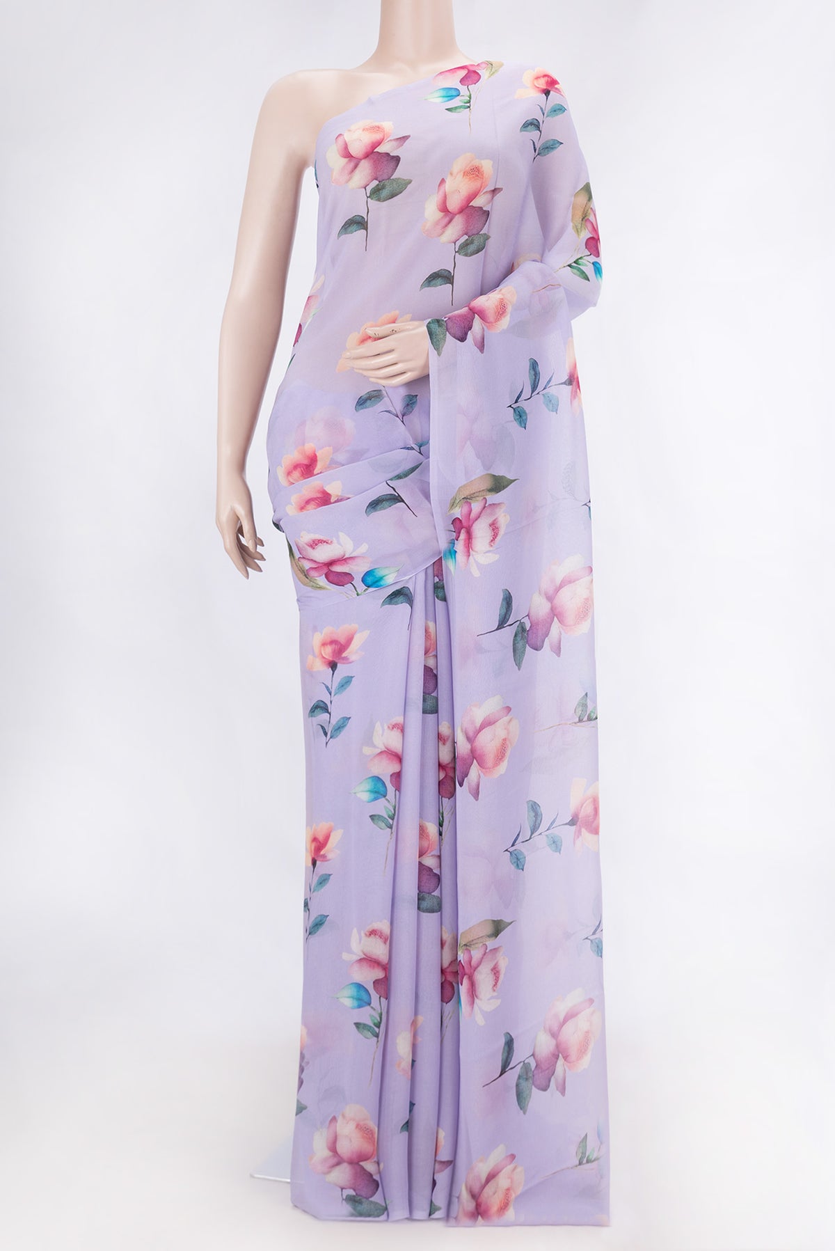 Lavender Dual Tone Mysore Georgette SareePrinted design on the body and Zari Border displayed on a mannequin