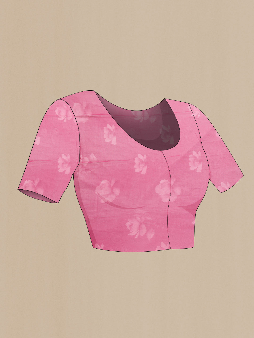 Close up image of the blouse of Pink Dual Tone Mysore Georgette Saree with Printed design on the body and Without Border. 
