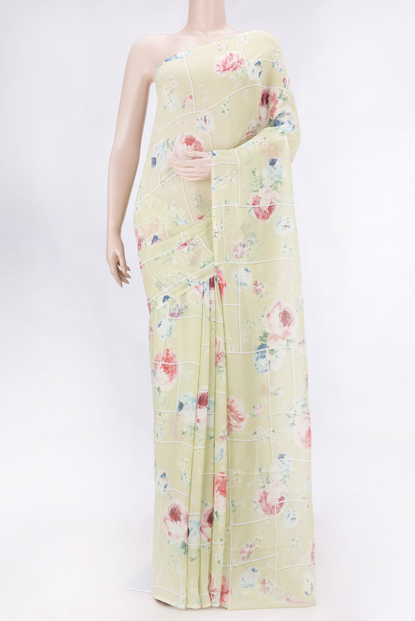 Pista Green Dual Tone Mysore Georgette SareePrinted design on the body and Without Border displayed on a mannequin