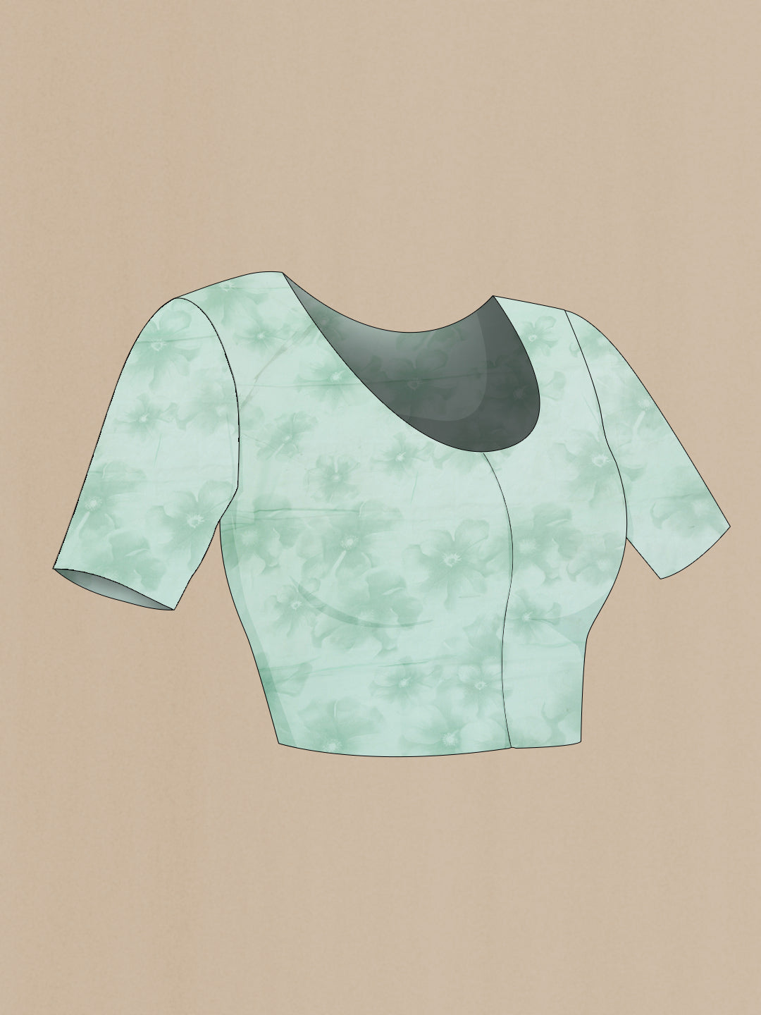 Close up image of the blouse of Green Dual Tone Mysore Georgette SareePrinted design on the body and Zari Border