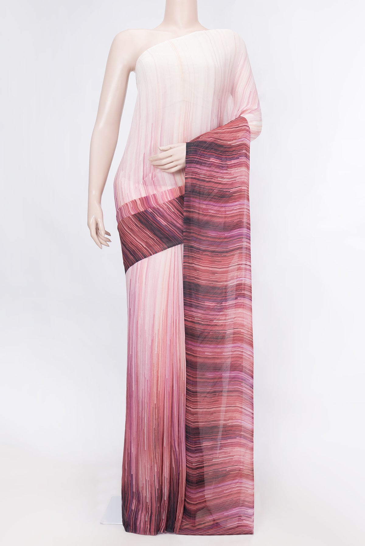 Pink Dual Tone Mysore Georgette Saree with Stripes on the body and Without Border displayed on a mannequin