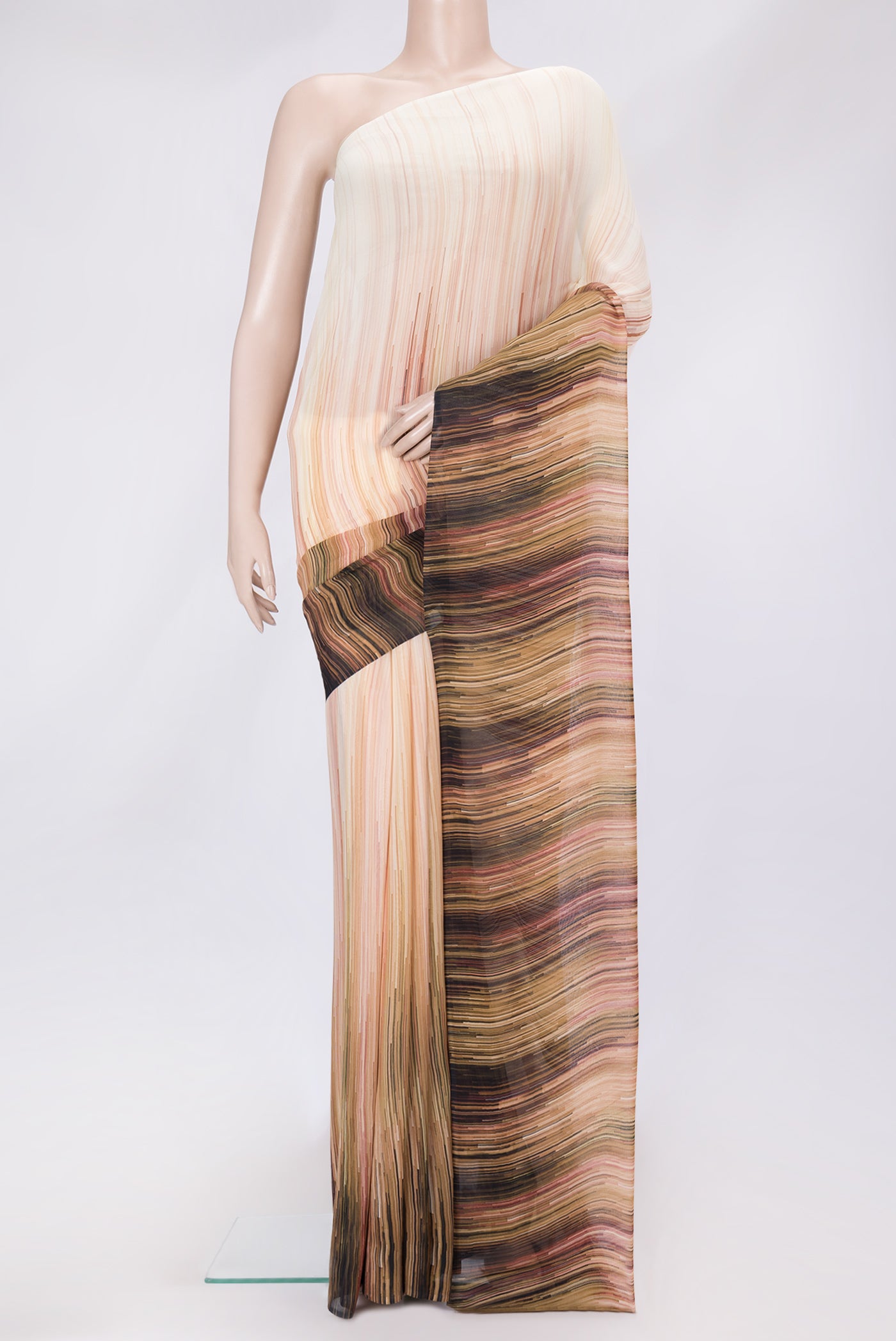Beige Dual Tone Mysore Georgette Saree with Printed design on the body and Without Border.  displayed on a mannequin