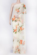 Cream Mysore Georgette Saree with Floral Print on the body and Without Border displayed on a mannequin