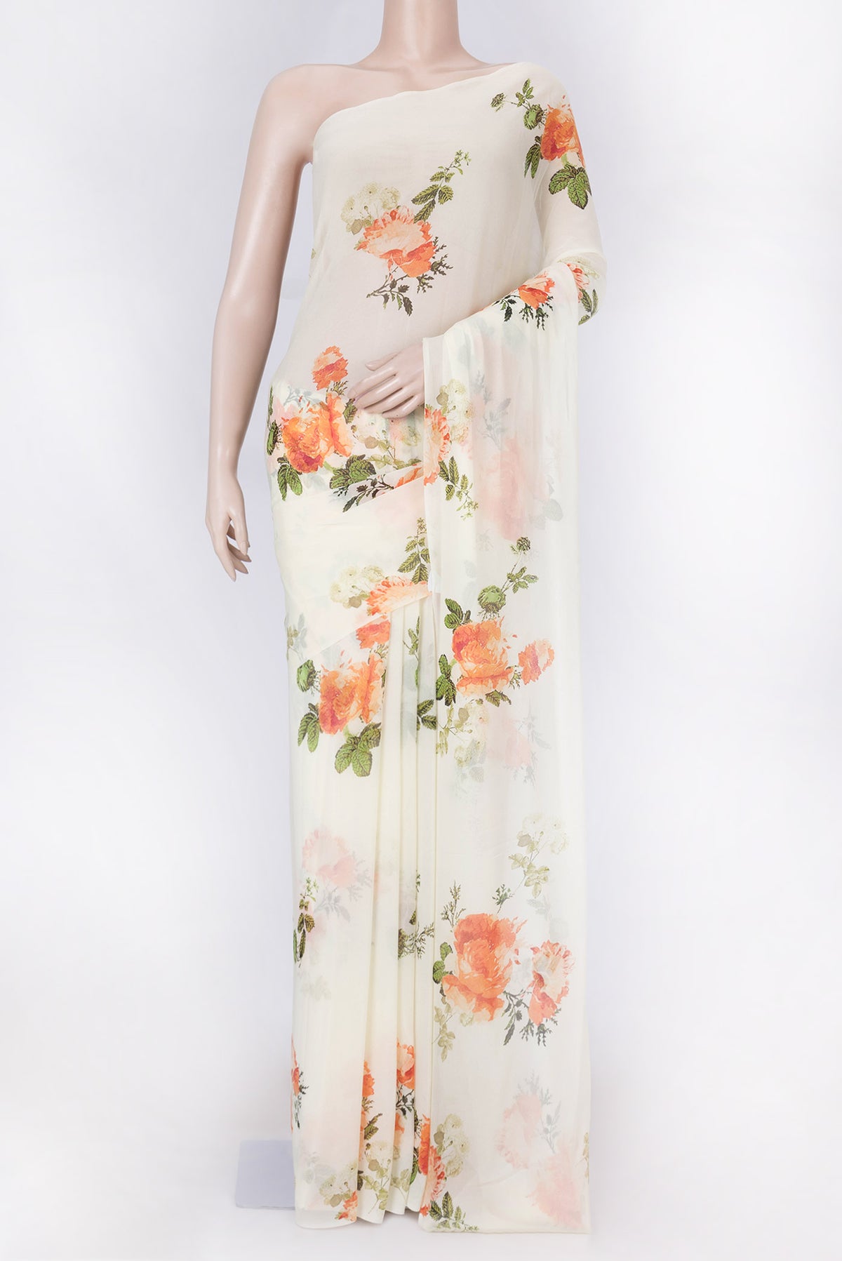 Cream Mysore Georgette Saree with Floral Print on the body and Without Border displayed on a mannequin
