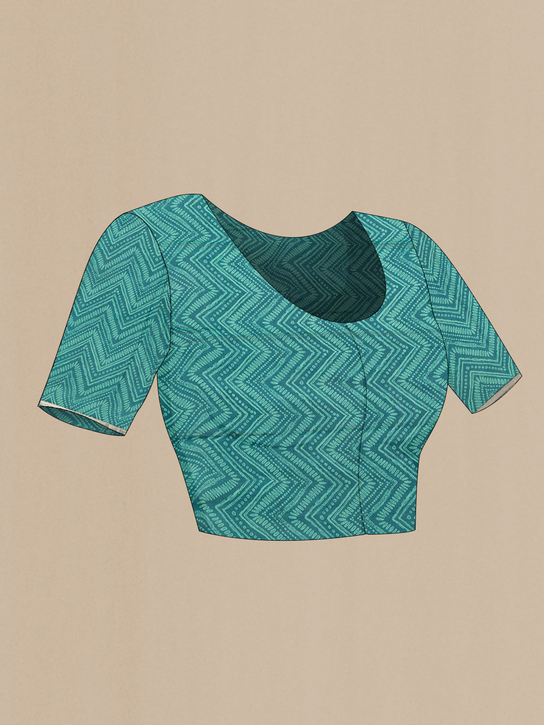 Close up image of the blouse of Sea Green Dual Tone Mysore Chiffon Saree with Printed design on the body and Thin Zari Line. 