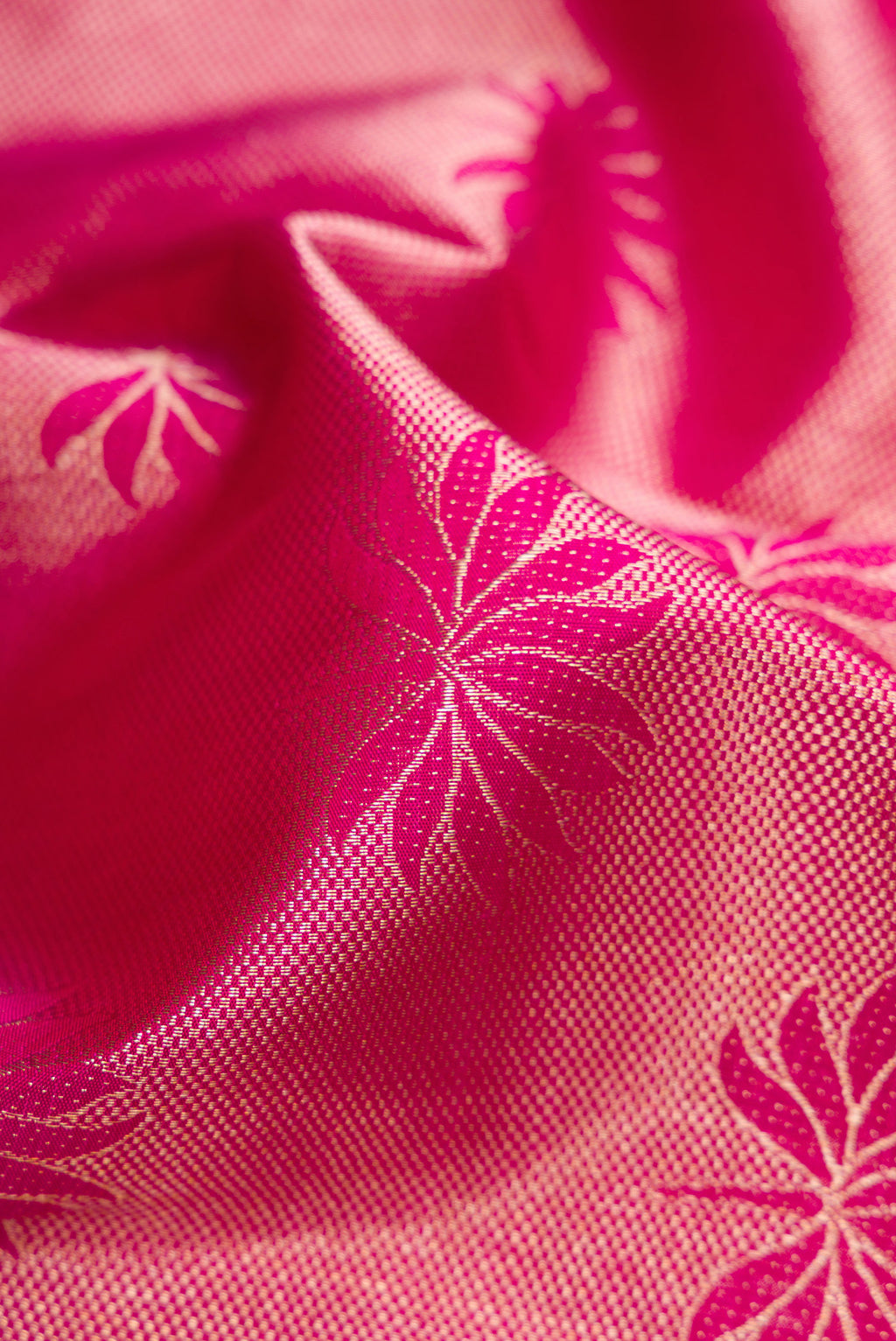 Close up of Pink Dual Tone Kanchipuram Silk Saree with Zari Brocade on the body and Zari Border.  displaying folds