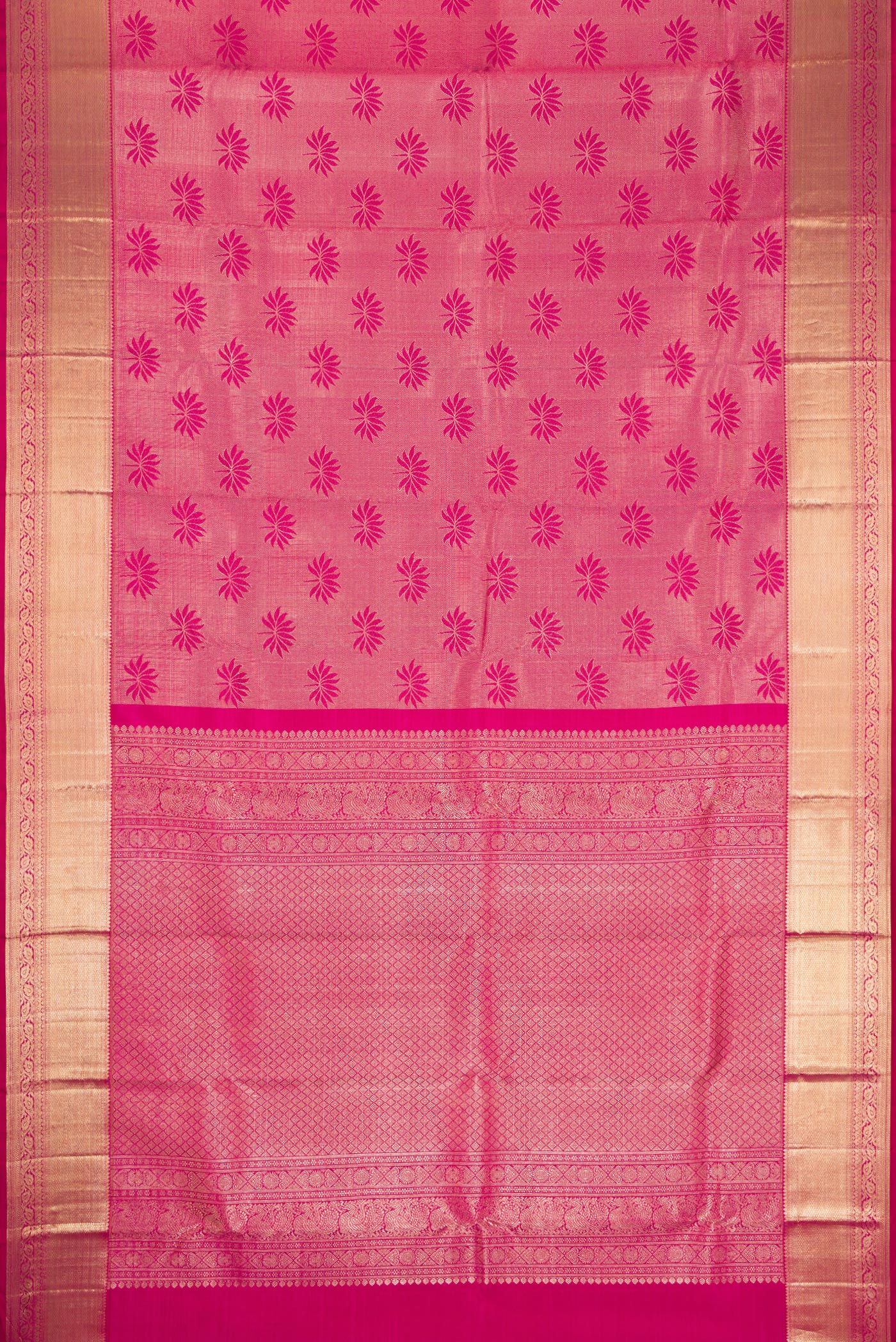 Flat view of Pink Dual Tone Kanchipuram Silk Saree with Zari Brocade on the body and Zari Border. 