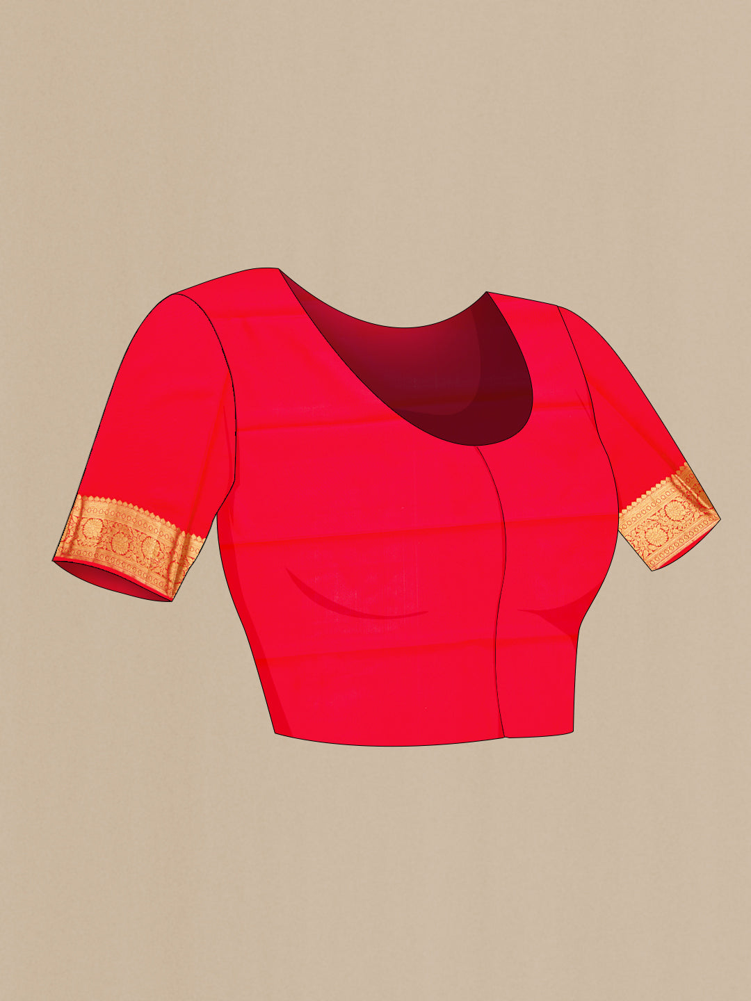 Close up image of the blouse of Red Dual Tone Kanjivaram Silk Saree with Zari Brocade on the body and Zari Border. 