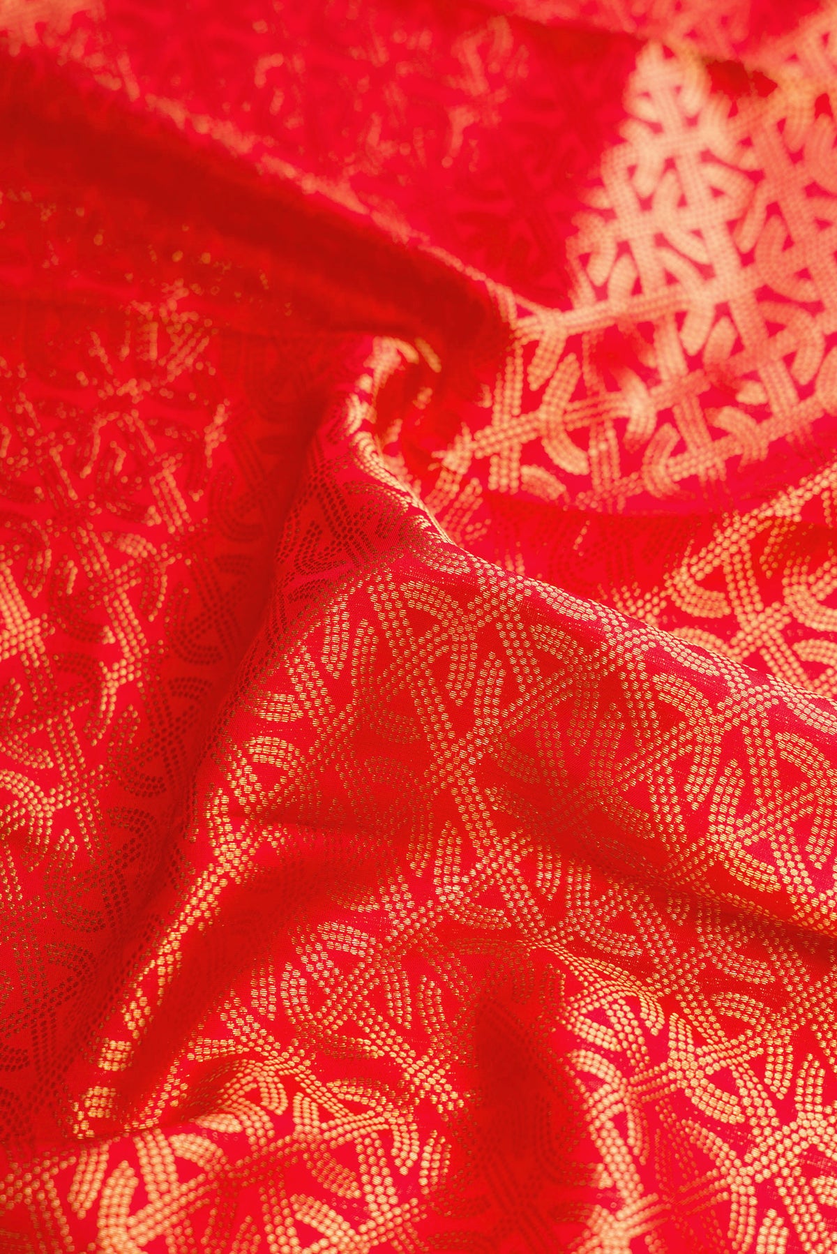 Close up of Red Dual Tone Kanjivaram Silk Saree with Zari Brocade on the body and Zari Border.  displaying folds